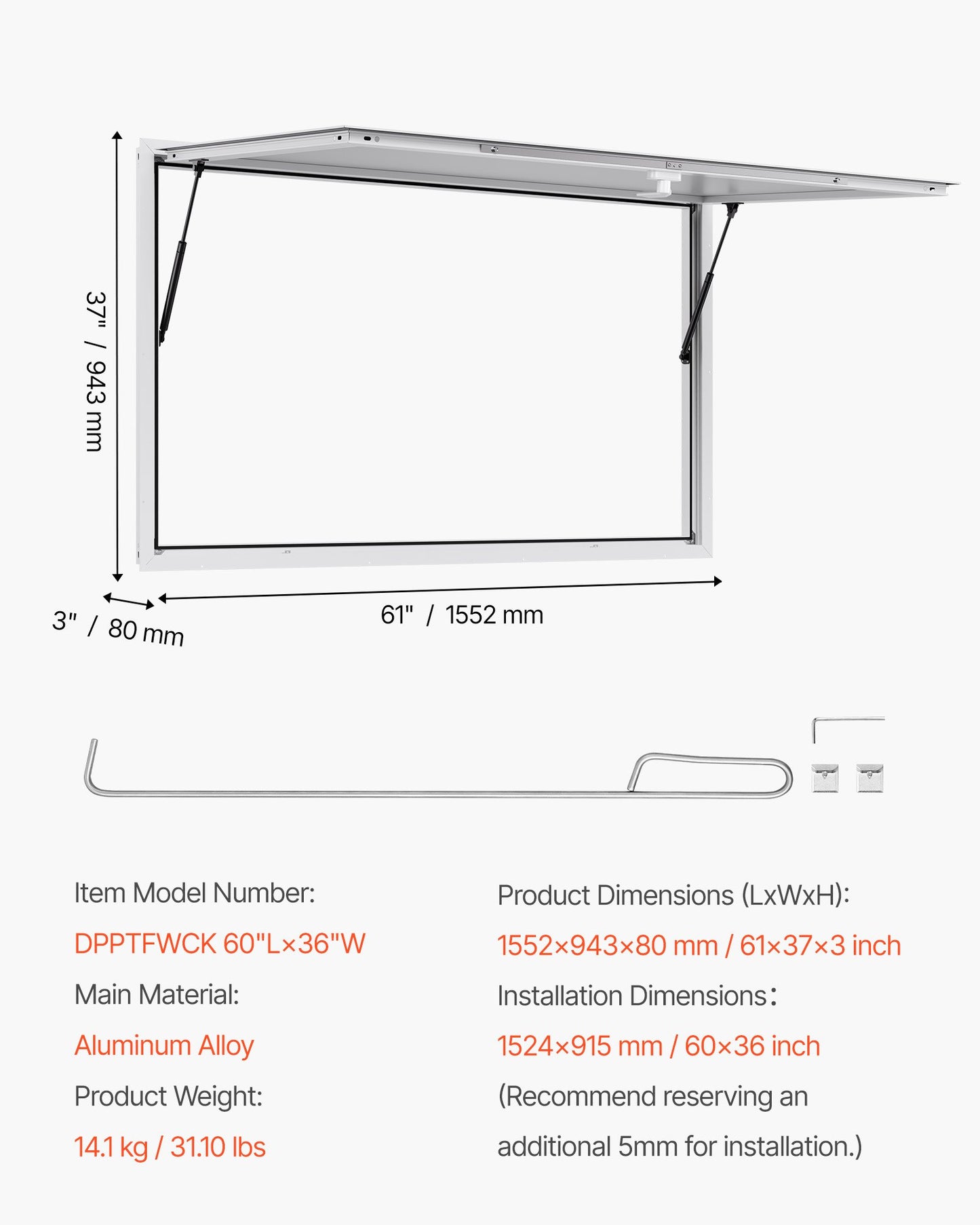 Concession Window 60x36 in, Aluminum Alloy Frame Service Window for Food Truck, Up to 85 Degrees Stand Serving Window with Awning Door and Drag Hook, Rainwater Resistant for Concession Trailers