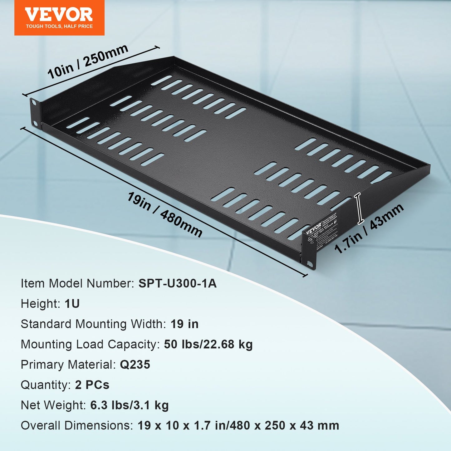 2PCS 1U Server Rack Shelf, 10"/254 mm Depth, 50 lbs Max Load Capacity Vented Cantilever or Wall Mount Rack Mount Shelf with Tray, Good Air Circulation for 19" Network Cabinet or Equipment Rack