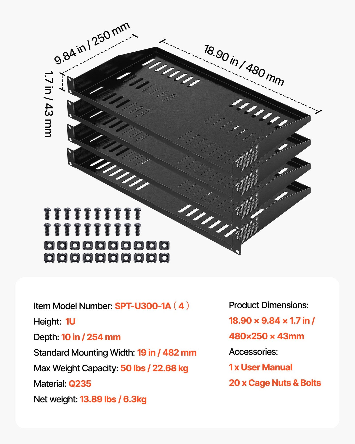 1U Server Rack Shelf, 4 PCS, 50 lbs Max Load-Bearing Vented Cantilever, Wall Mount or Rack Mount Shelf with Tray, 10 in Depth, Good Air Circulation for 19 Inch Cabinet Computer Network Equipment