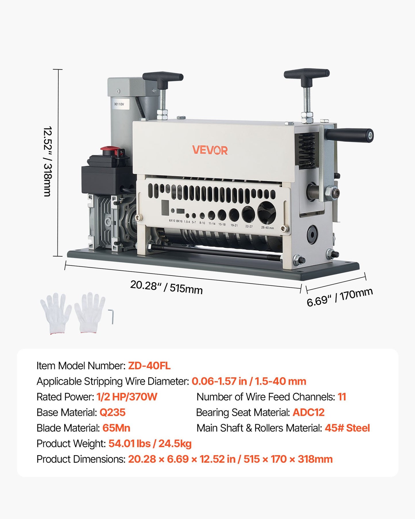 Electric Wire Stripper Machine, 0.06-1.57 in, 11 Channel Automatic Copper Cable Stripper, 370W Wire Stripper Tool with Manual Hand Crank Mode, Emergency Stop Button, for Scrap Copper Recycling