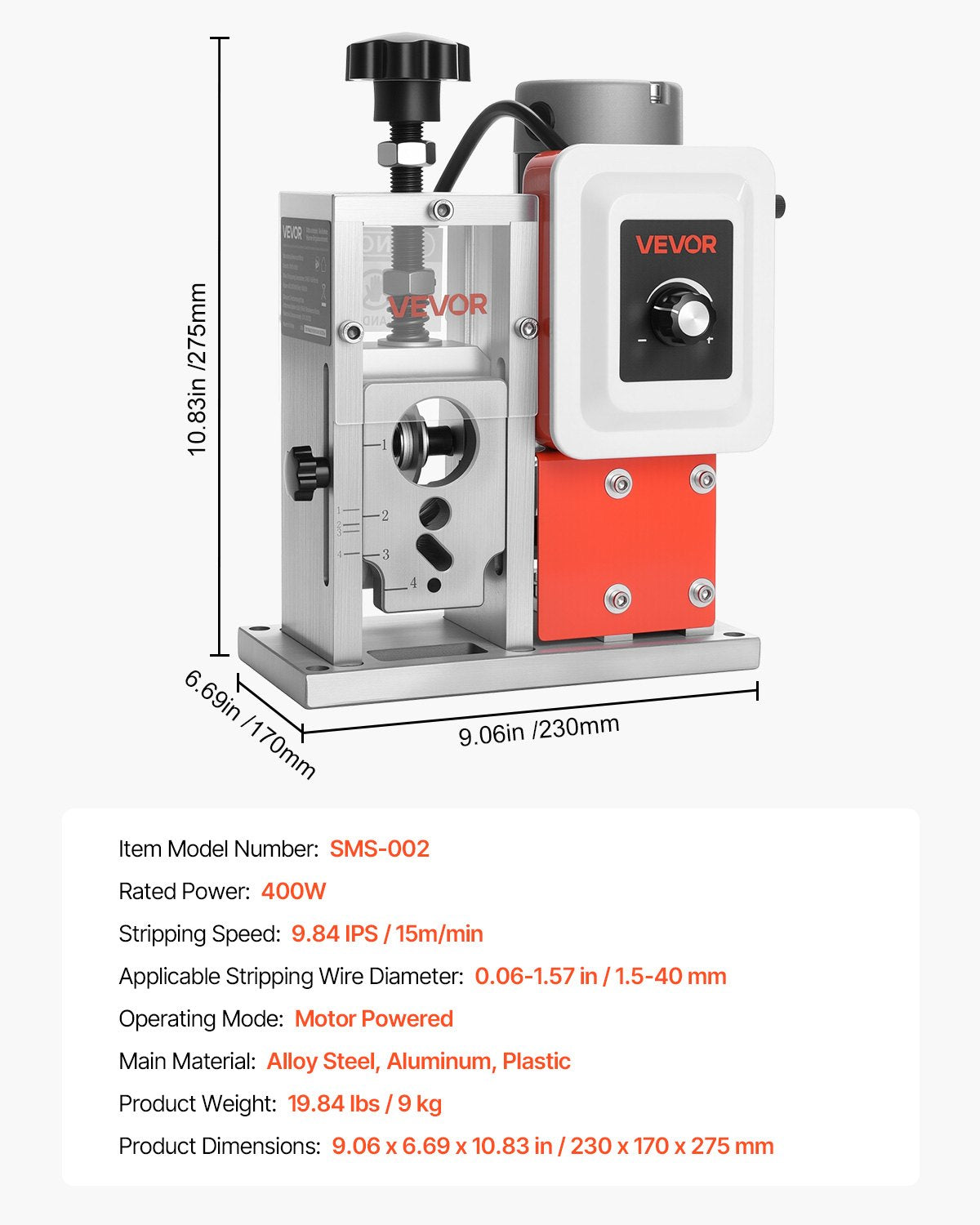 Electric Wire Stripping Machine, 0.06-1.57 in, 400W Automatic Motorized Cable Stripper, 9.84 IPS (15 m/min) Wire Peeler with Blades, V-Shaped Rollers, Cooling Fan, for Scrap Copper Recycling