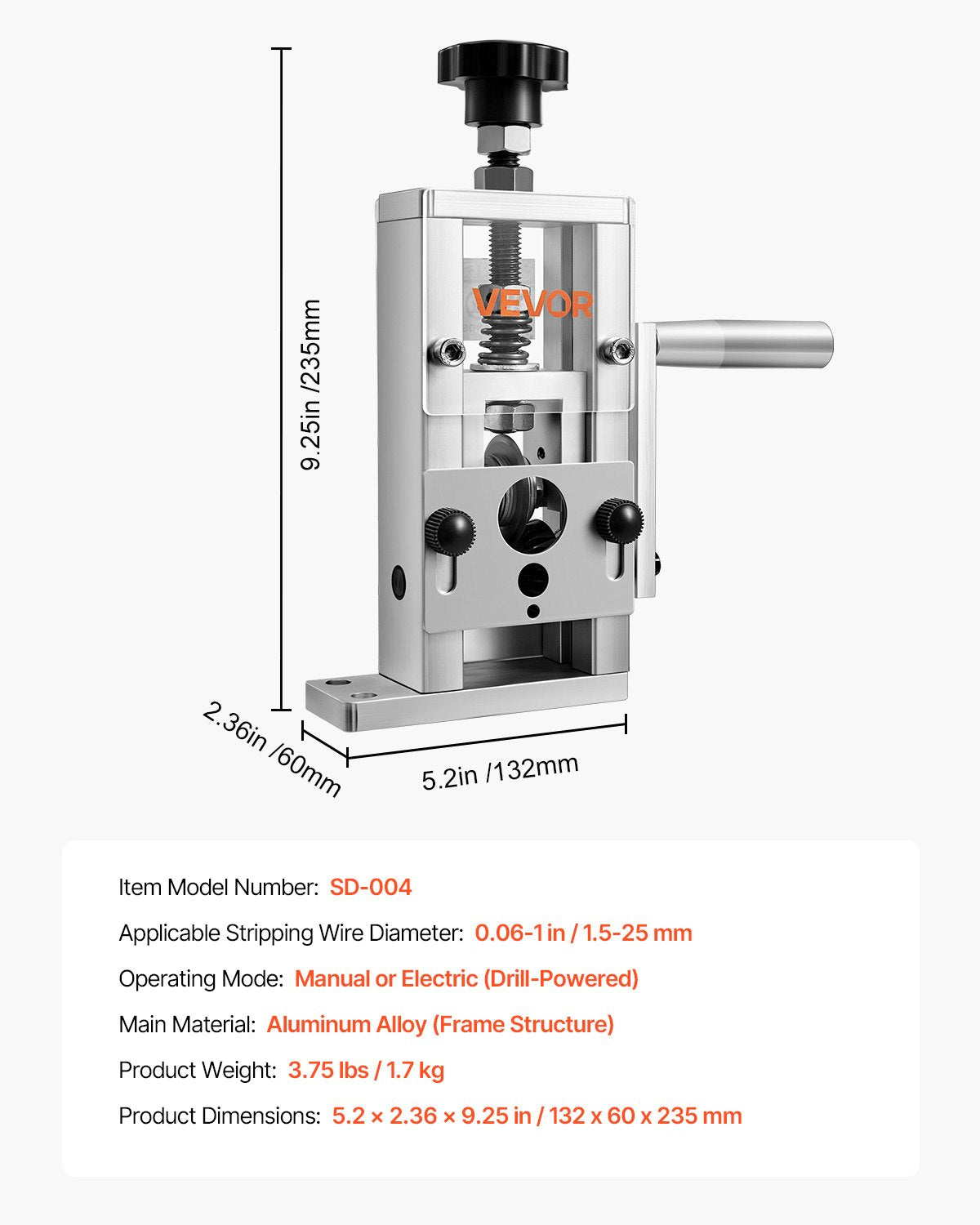 Manual Wire Stripping Machine, 0.06-1 in, Copper Stripper with Hand Crank or Drill Powered, 64Mn Quenched Blades, 45# Steel Rollers, Aluminum Alloy Frame Wire Peeler, for Scrap Copper Recycling