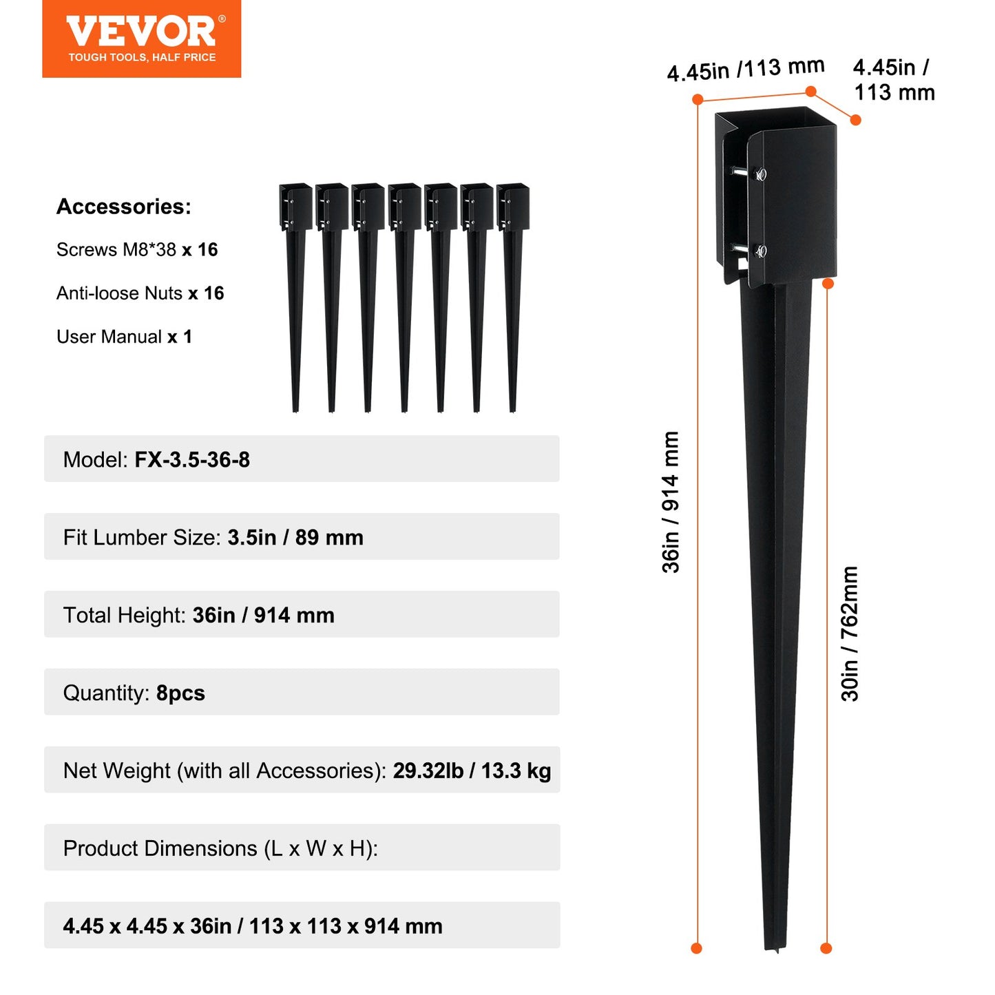 Fence Post Anchor Ground Spike, 8 Pack 36 x 4 x 4 Inches Outer Diameter (Inner Diameter 3.5 x3.5 Inches), Metal Black Powder Coated Post Stake Ground, for Mailbox Deck Garden Railing