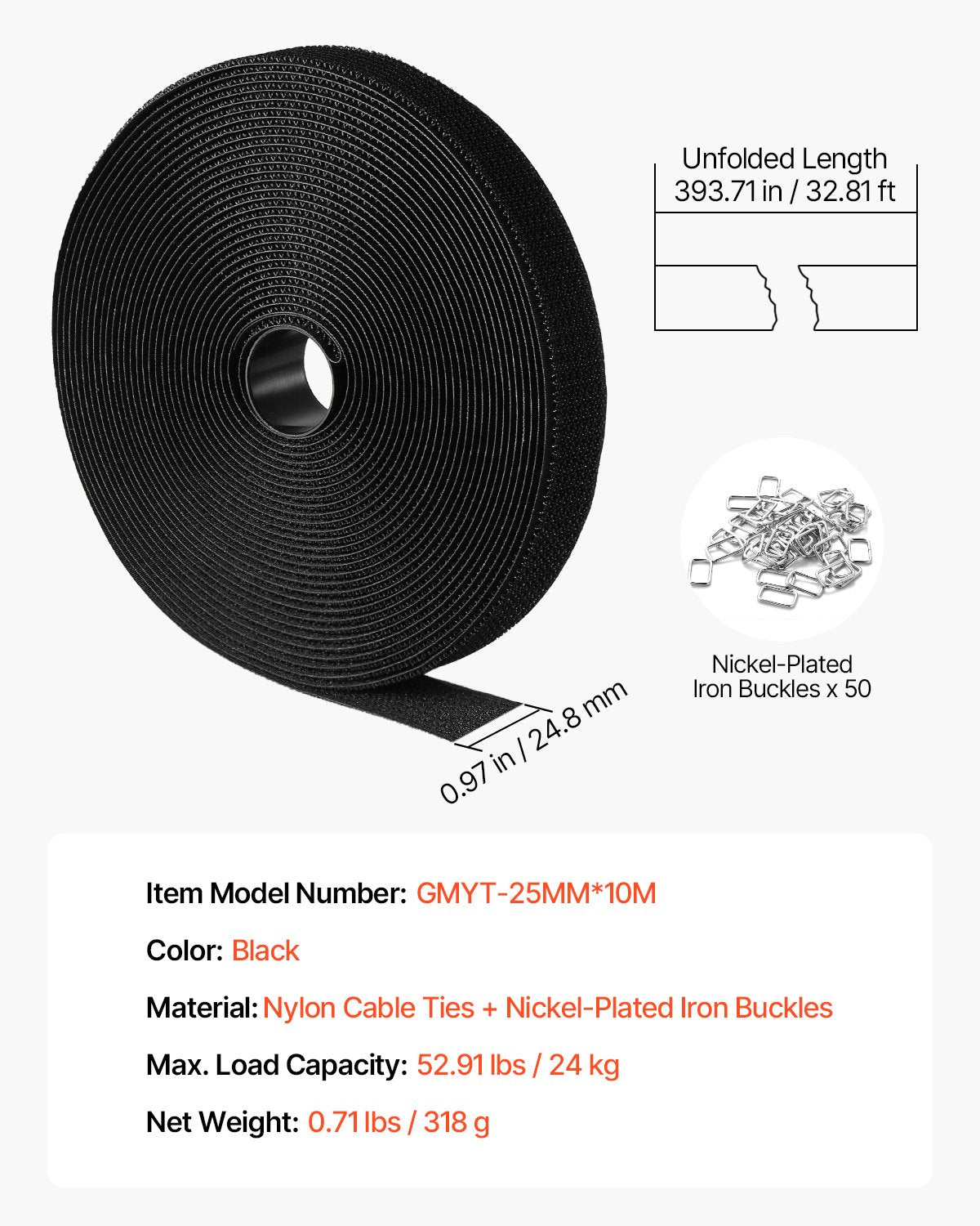 Cable Ties, 393.7-Inch Adjustable Hook and Loop Straps with 50 Metal Buckles, Reusable Velcro Cords Straps, Cut-to-Length Wire Strap, Heavy-Duty Nylon Cord Ties for Organizer and Management