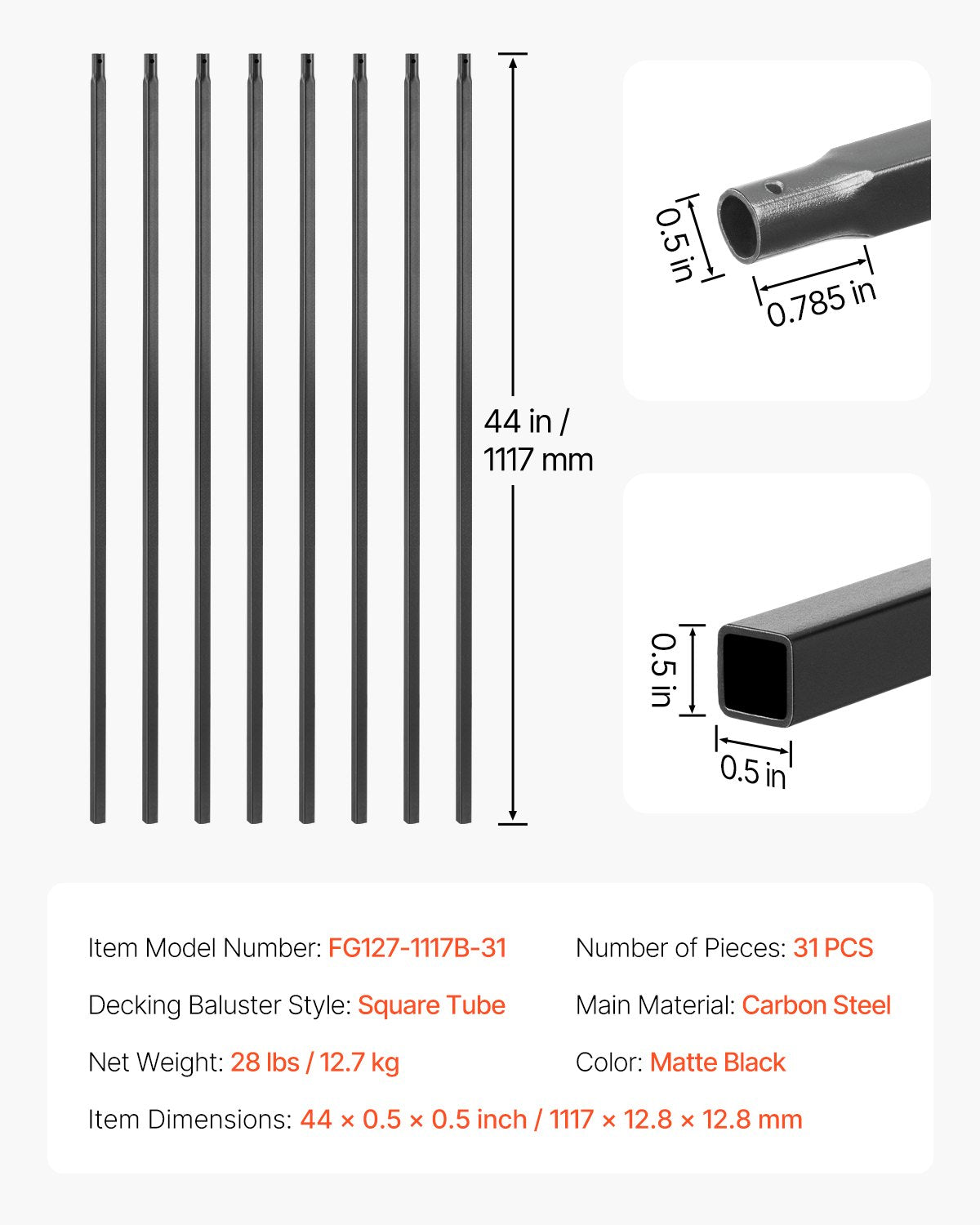 Staircase Balusters 31 Pack, 44 Inch Durable Carbon Steel Stair Balusters, 0.5 Inch Indoor Square Metal Spindle Railing, Corrosion-Proof Hollow Deck Railing with Pre-Drilled Holes, Matte Black