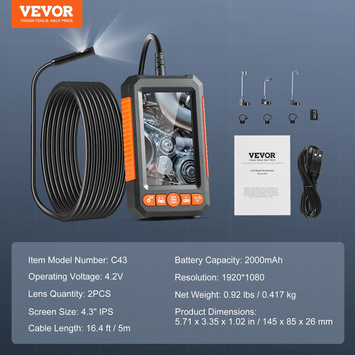 Endoscope Camera with Light, Dual Lens Industrial Borescope, 4.3" Screen 1080P Inspection Camera, 8 + 1 Lights, 4X Zoom, IP67 Waterproof Snake Camera for Auto, Plumbing (16.4FT Cable, 32GB Card)