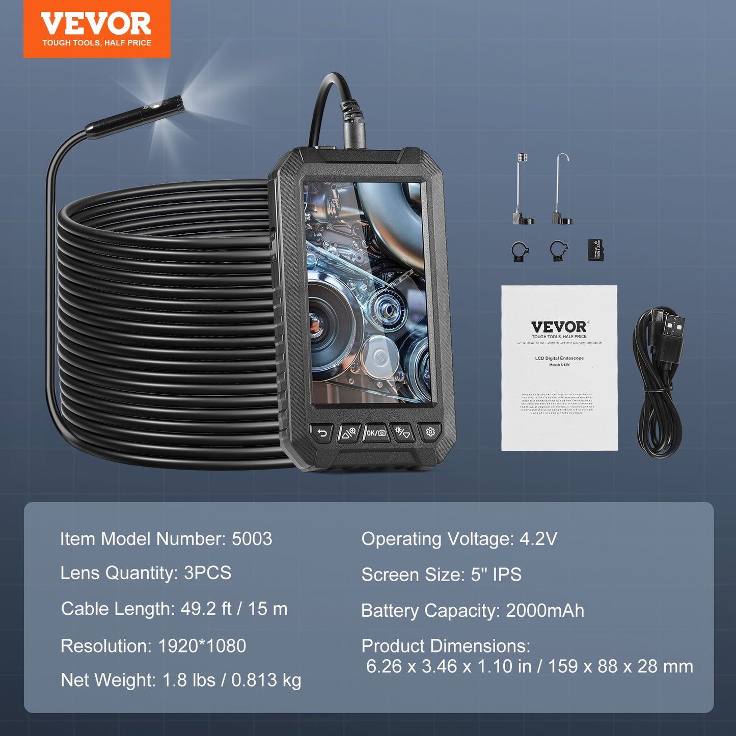 Endoscope Camera with Light, Triple Lens Borescope with 49.2FT Semi-Rigid Cable, 5" Screen 1080P Inspection Camera, 8 + 2 LED Lights, IP67 Waterproof Snake Camera for Auto, Plumbing (32GB Card)