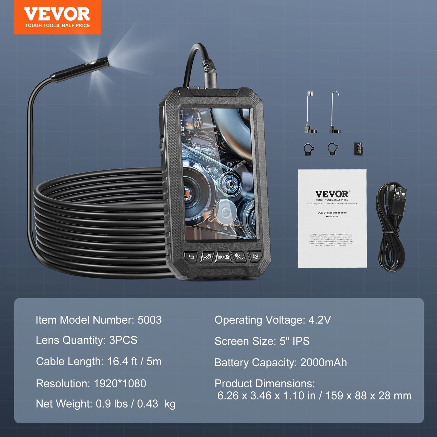 Endoscope Camera with Light, Triple Lens Industrial Borescope, 5" Screen 1080P Inspection Camera, 8 + 2 Lights, IP67 Waterproof Snake Camera for Automotive, Plumbing (16.4FT Cable, 32GB Card)