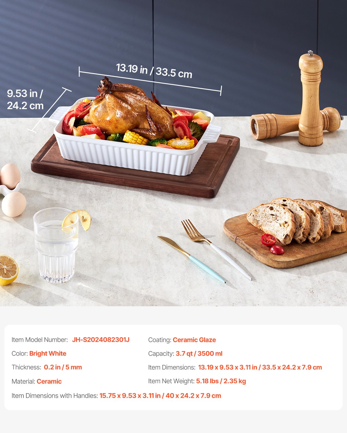 Ceramic Baking Dish, Large 9" x 13" Pan, Rectangular Bakeware with Double Handles, Oven Secure, Lasagna Pan, Casserole Dish Deep for Baking and Serving, Thanksgiving & Christmas Present, White