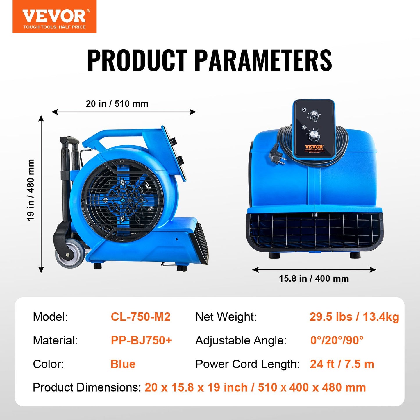 Floor Blower 1560 RPM 4000 CFM Air Mover with 3 Blowing Angles 3-Speeds