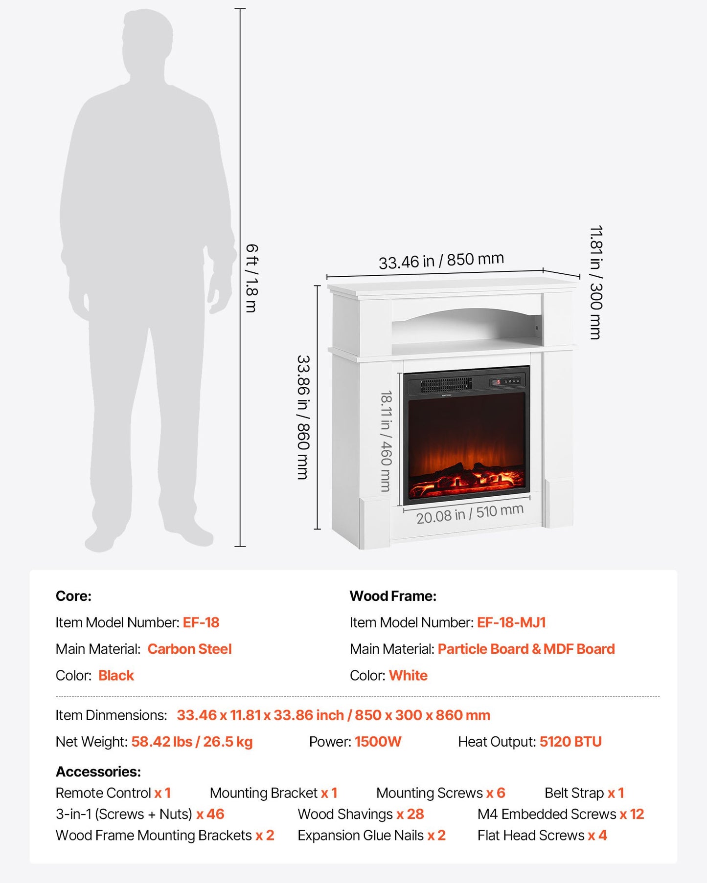 33 inch Freestanding Fireplaces, 1500W 5120BTU Fake Electric Fireplace Stove Heater with Mantel, Overheating Protection, Adjustable Flames,Timer, Remote, for Living Room,Bedroom,White