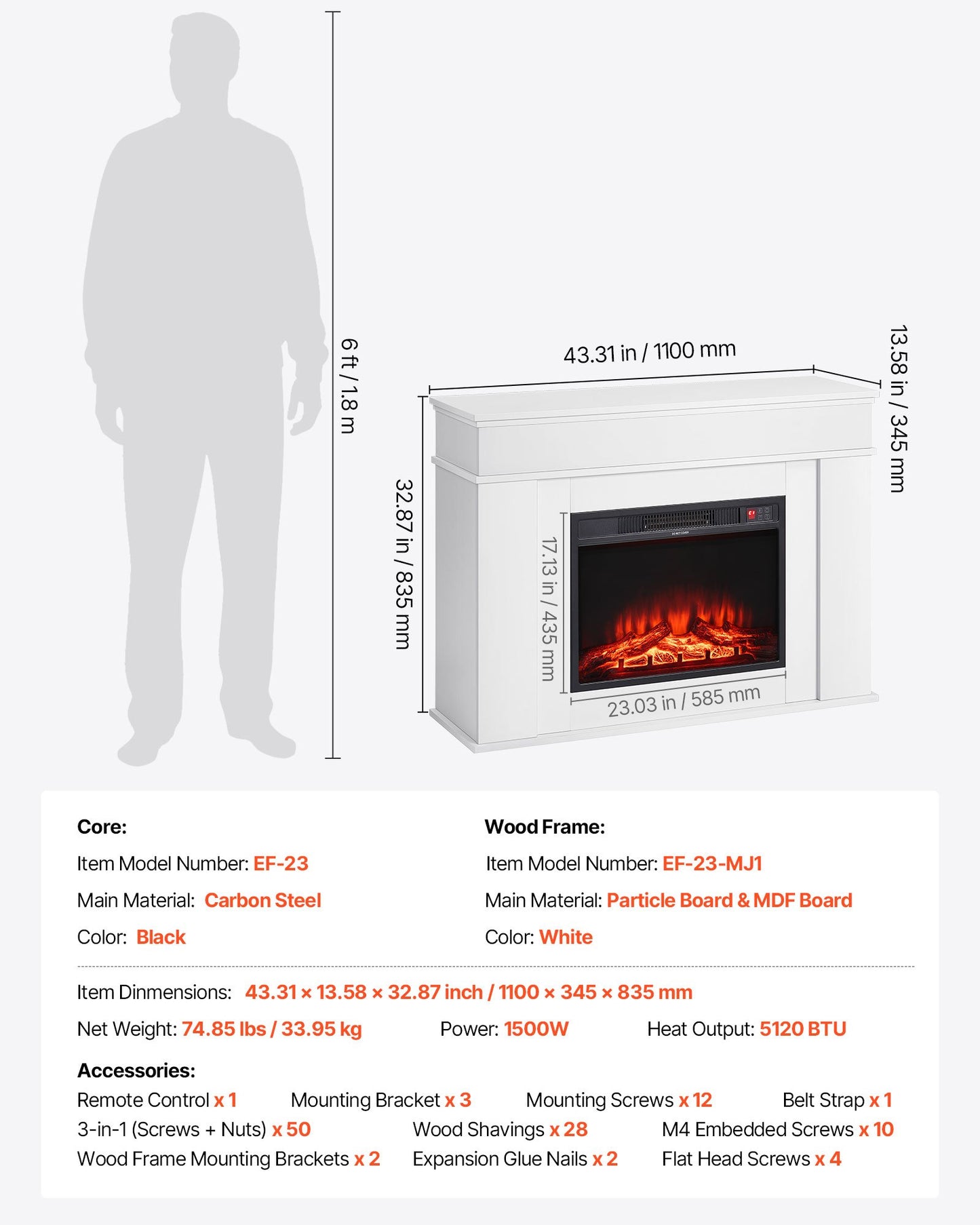 43 inch Freestanding Fireplaces, 1500W 5120BTU Fake Electric Fireplace Stove Heater with Mantel, Overheating Protection, Adjustable Flames,Timer, Remote, for Living Room,Bedroom,White