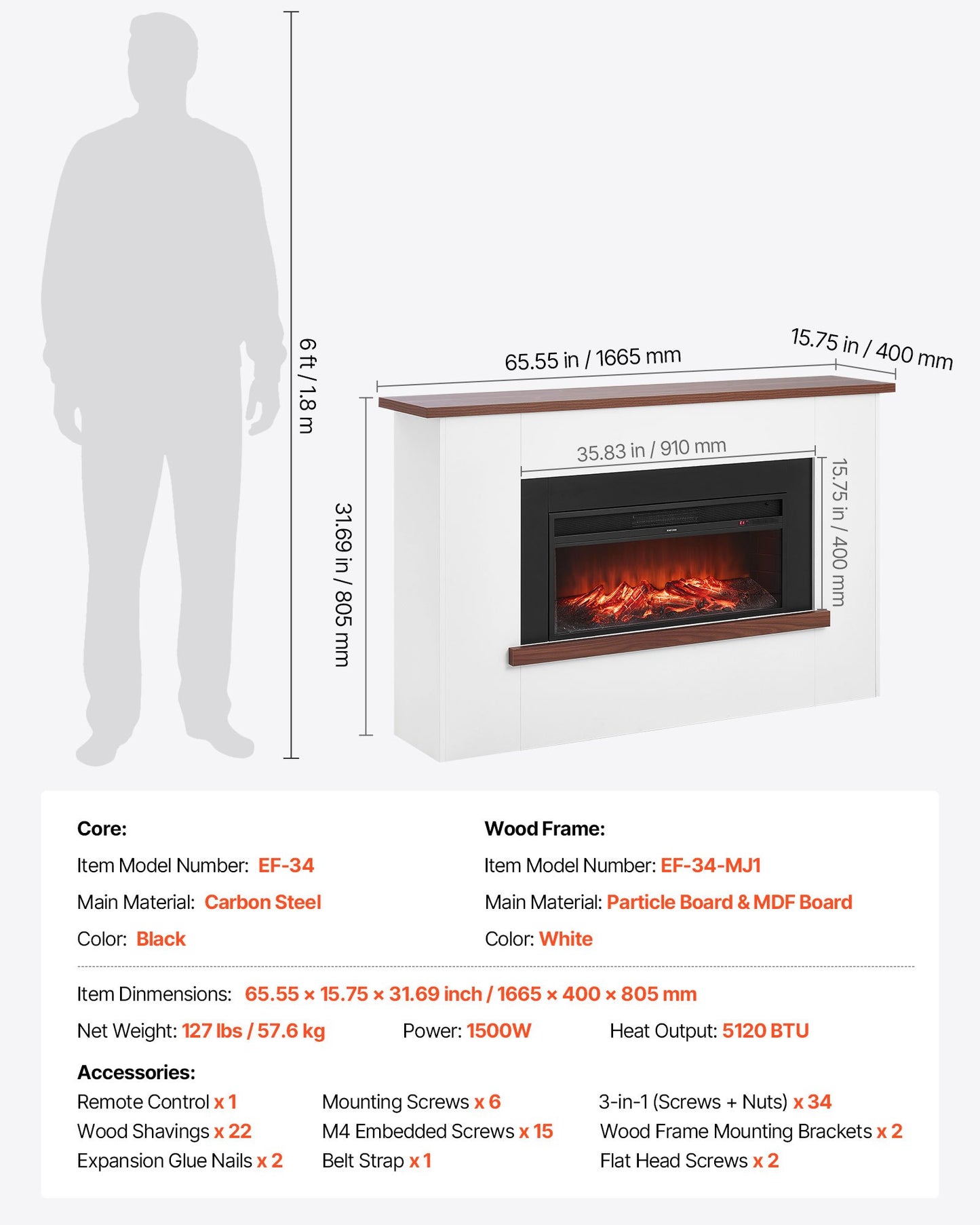 65.5 inch Freestanding Fireplaces, 1500W 5120BTU Fake Electric Fireplace Stove Heater with Mantel, Overheating Protection, Adjustable Flames,Timer, Remote, for Living Room,Bedroom