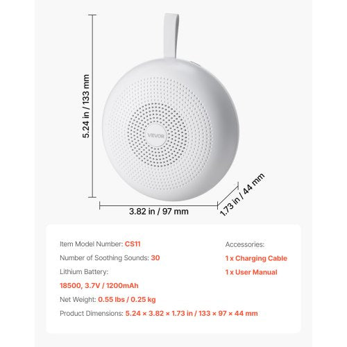 Ljudmaskin, 30 lugnande sömnljud, 3-i-1 bärbar och hängbar ljudmaskin med vitt brus med automatisk avstängningstimer, mjuk ringlampa och minnesfunktion, för baby, vuxna, hem, kontor och resor | EU