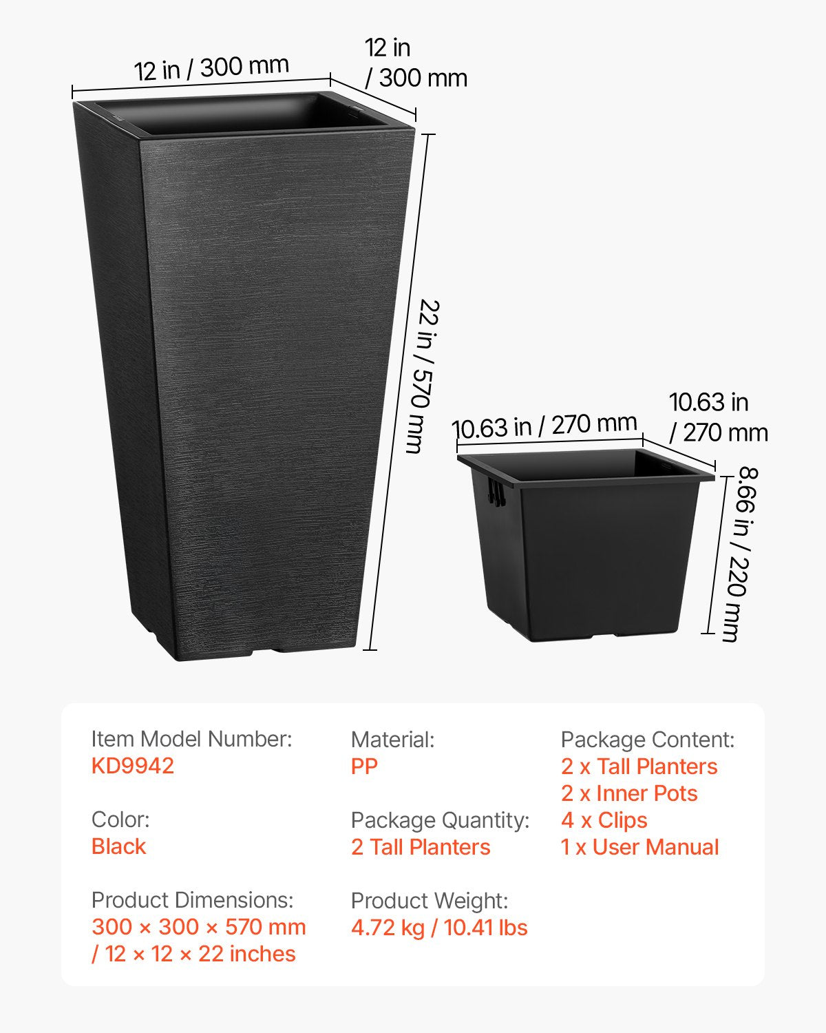 Set of 2 Tall Outdoor Planters 22inch, Large Planters For Outdoor Indoor Plants, Black Tapered Square Front Porch Planters Flower Tree Plant Pots with Modern Design and Built-in Drainage