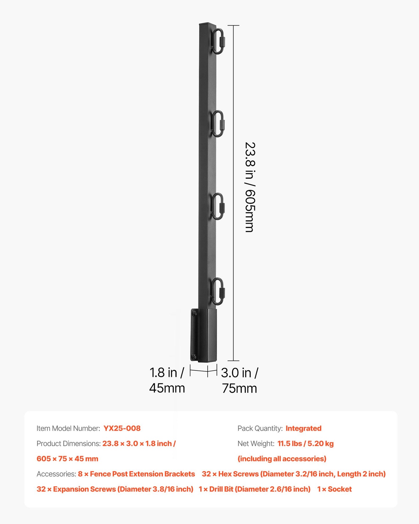 Fence Post Extender, 8 Packs 23.8 in Barbed Wire Arm, Sturdy Steel Fence Height Extender, Flat or Surface Mounted Barbed Wire Extension Arms, Protect Privacy and Prevent Pets Jumping Off