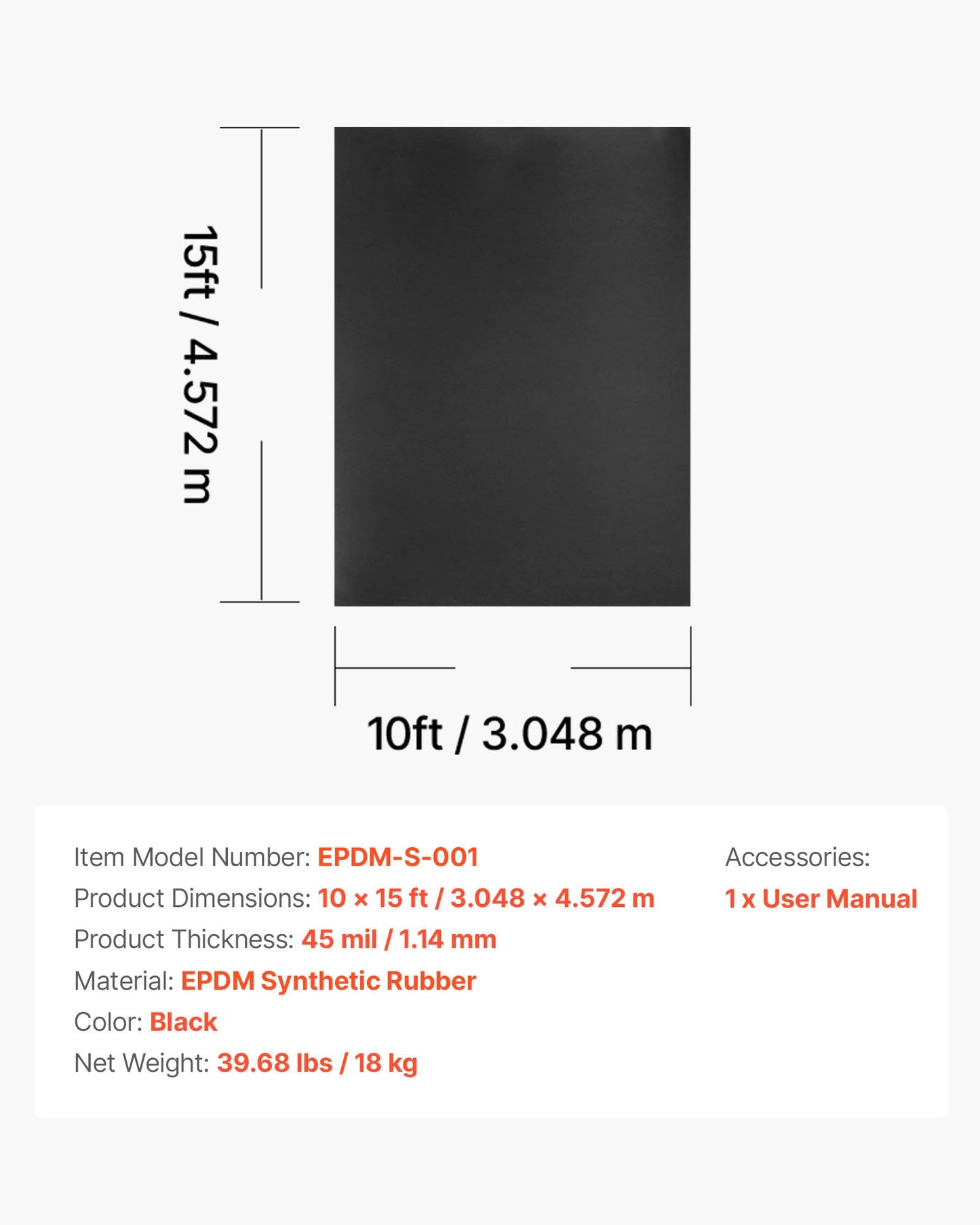 Roll Roofing, 10 x 15 ft, 45 mil EPDM Rubber Roofing, Long Lifespan & Weather-resistant, Withstands Harsh Temperatures, Flexible & Easy Installation, Roof Underlayment for RVs, Roofs, Ponds