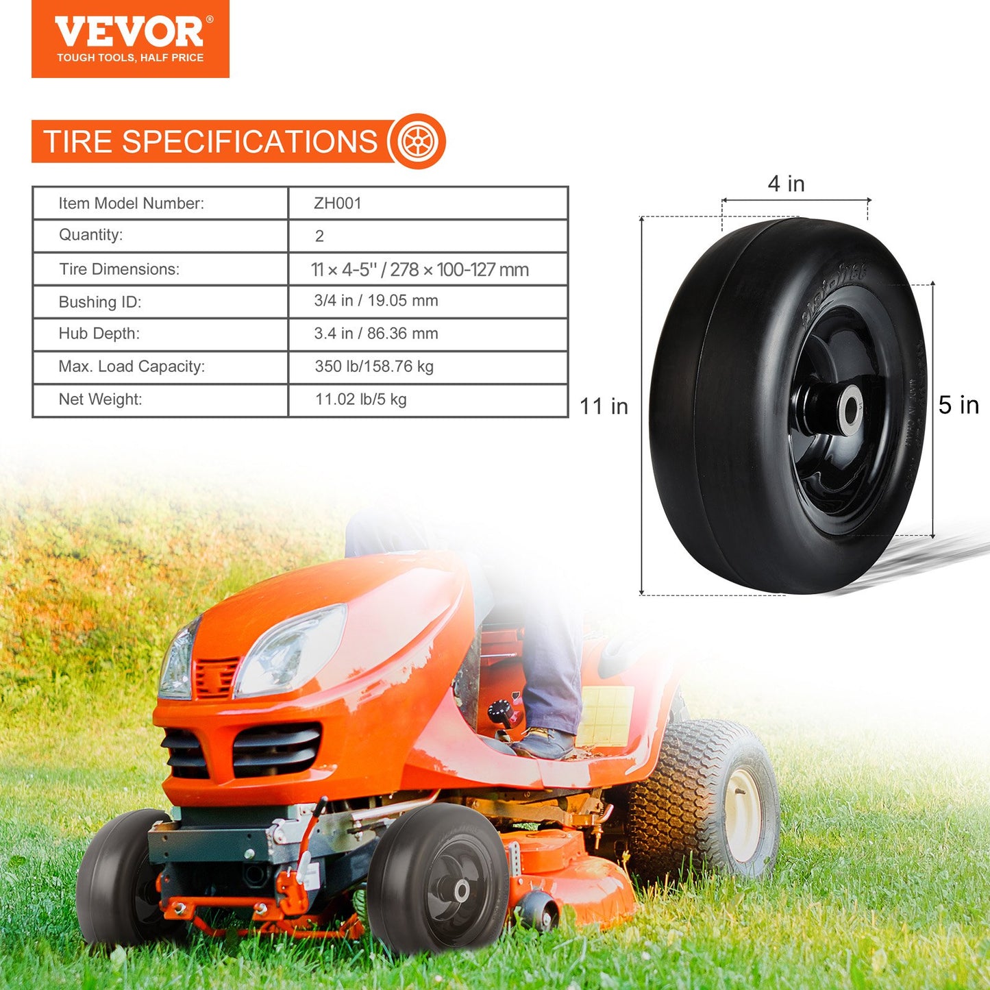 Tubeless Mower Wheels, 11x4-5" Size, Pair of Flat-Free PU Tires on Rims, 3.4" Hub, 3/4" Bushing, Includes 20 Adapters, Suitable for Riding Mowers and Lawn Tractors