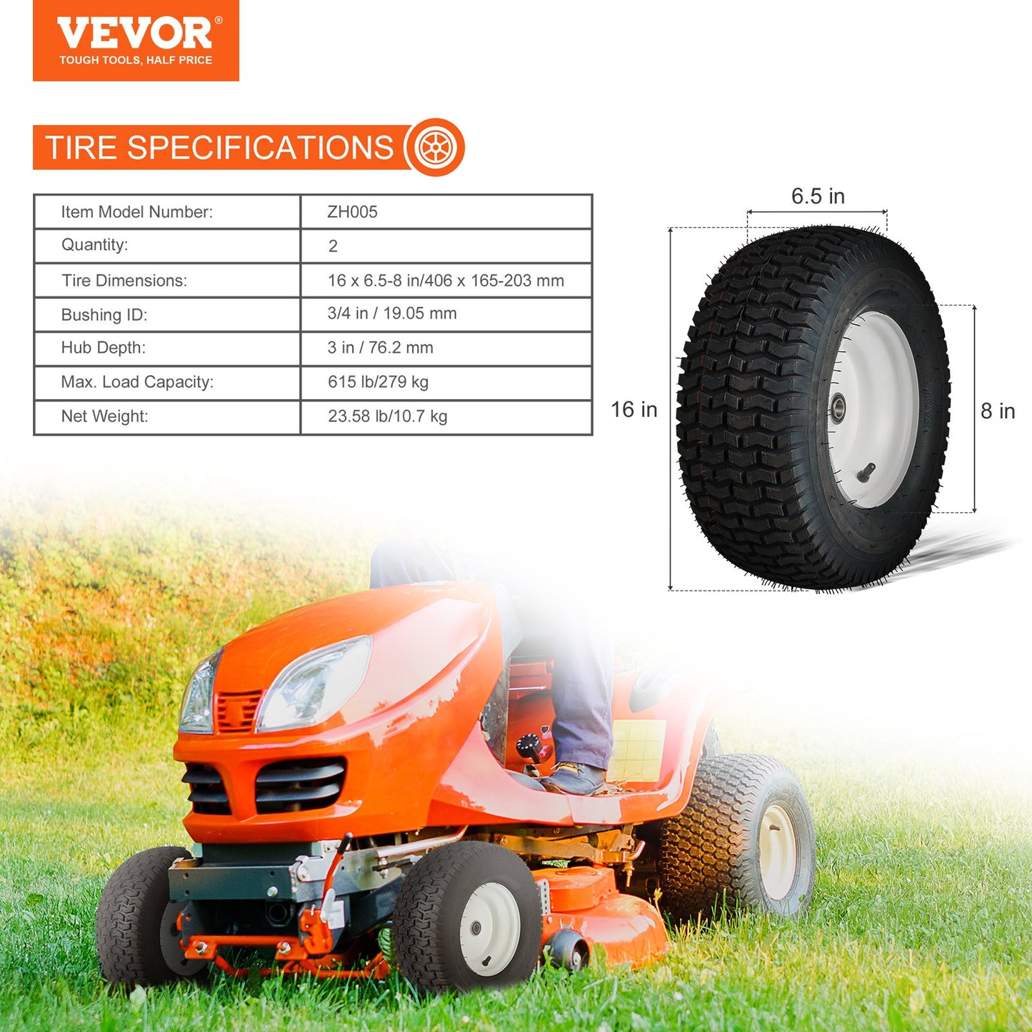 Lawn Mower Tires with Rim, 16x6.5-8" Tubeless Tractor Tires, 2-Pack Tire and Wheel Assembly, Turf Pneumatic Tires, 3" Offset Hub, 3/4" Bushing Size, 16 PCS Adapters for Riding Mower Lawn Tractor