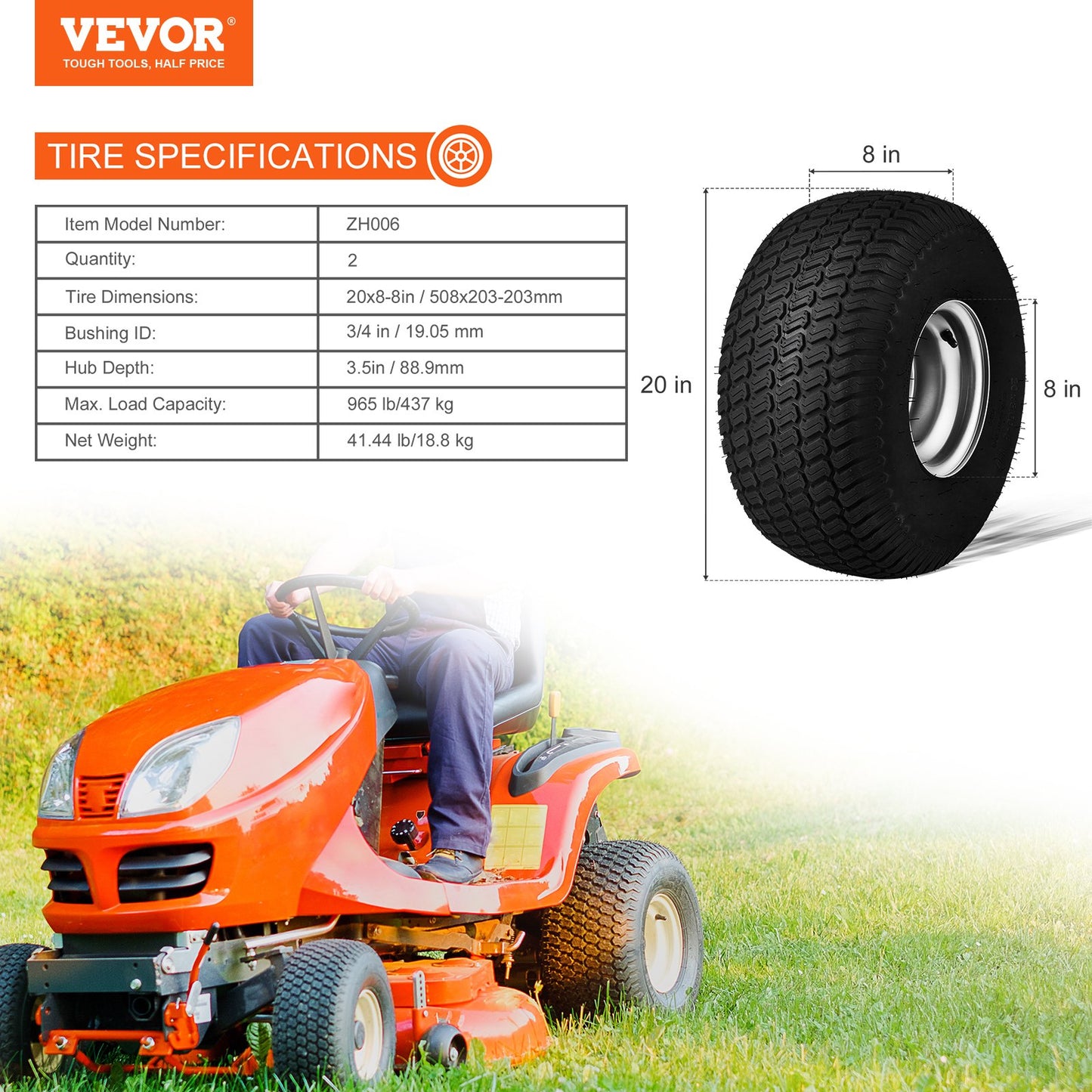 Lawn Mower Tires with Rim, 20x8-8" Tubeless Tractor Tires, 2-Pack Tire and Wheel Assembly, S-Turf Pneumatic Tires with 3.5" Offset Hub and 3/4" Bushing Size, for Riding Mowers Lawn Tractors
