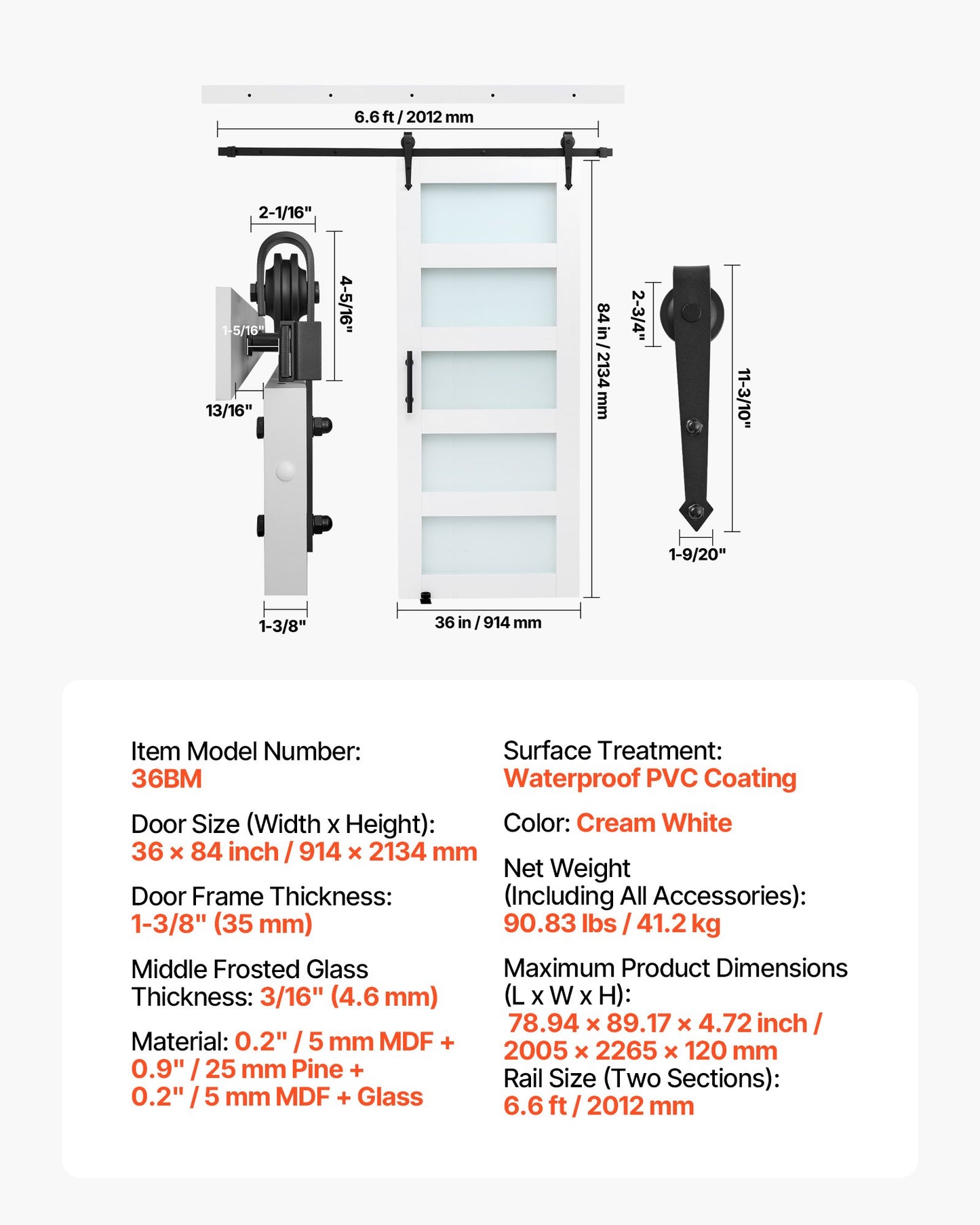 Sliding Barn Door, 36 x 84 inch, High-Strength MDF Panel and Glass, Barn Door with Hardware Kit, Water-Proof PVC Surface, Easy to Install, H-Frame, Smoothly and Quietly Sliding for Living Room