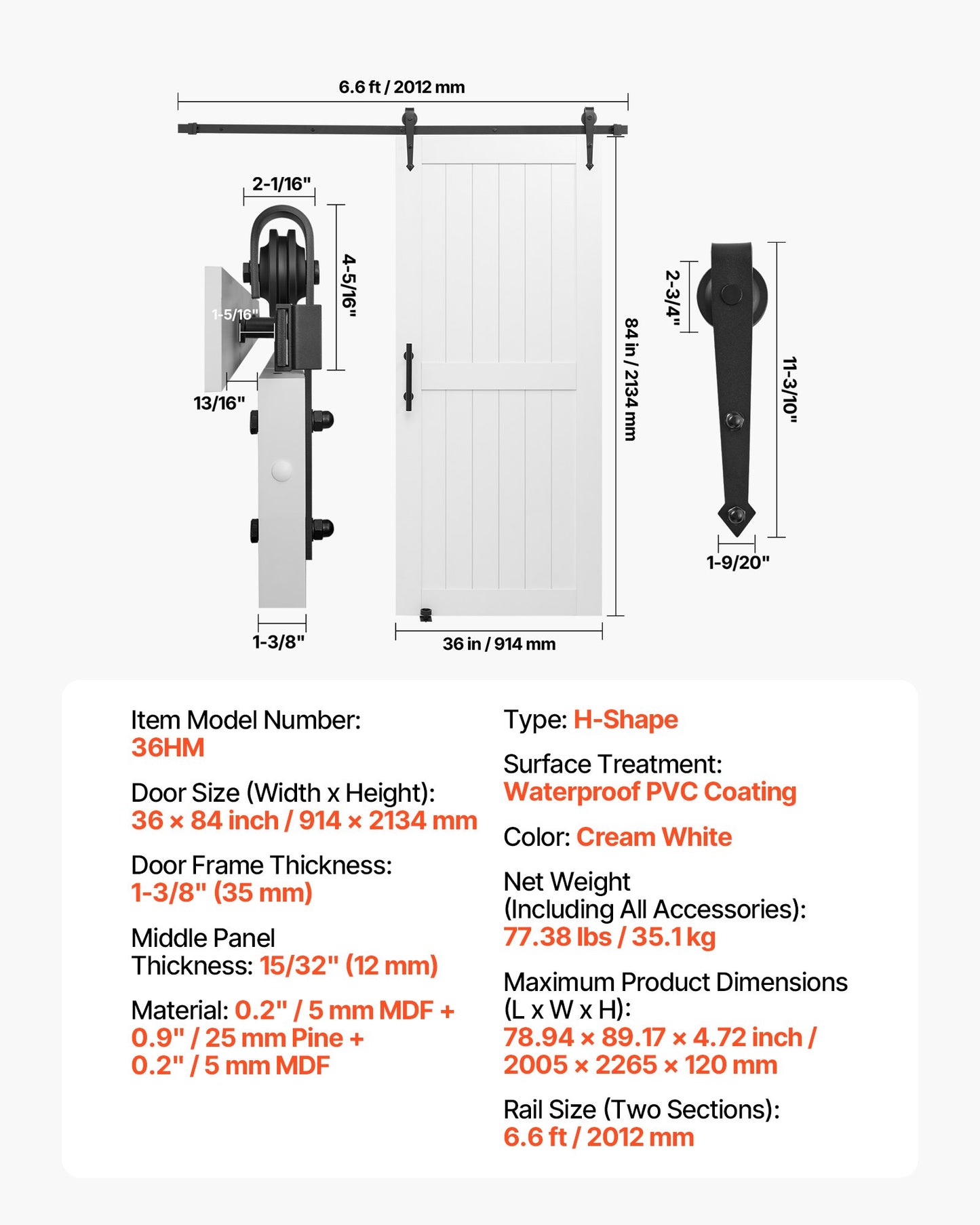 Sliding Barn Door, 36 x 84 inch, High-Strength MDF Panel, Barn Door with Hardware Kit, Water-Proof PVC Surface, Easy to Install, H-Frame, Smoothly and Quietly Sliding for Living Room, Bathroom