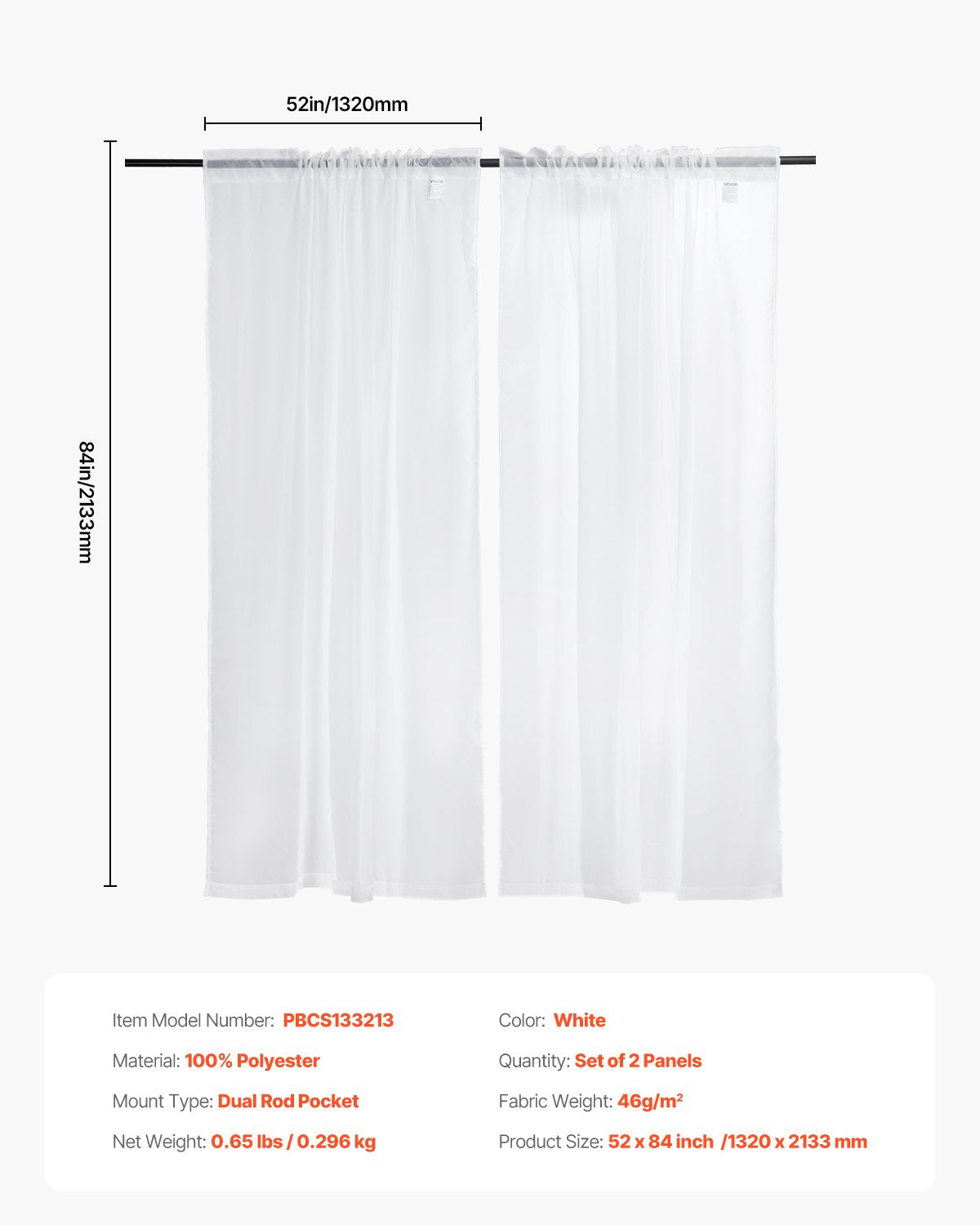 Sheer Curtains, 84 inches Long, 2 Panels Set Sheer White Curtains, Each 52" W x 84" L, Dual Rod Pocket Installation, 100% Polyester Window Drapes for Bedroom, Living Room, Balcony, Yard