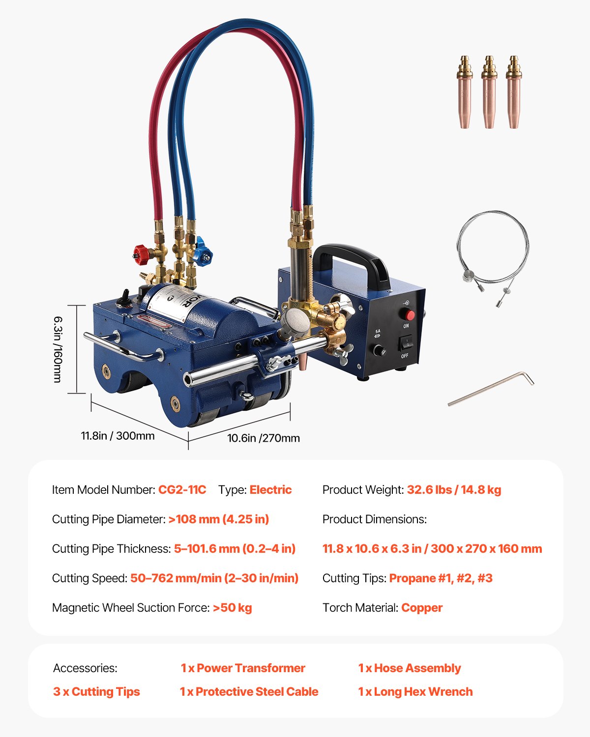 Electromagnetic Gas Pipe Cutting Machine, 2"-30"/Min Automatic Pipe Beveler for 0.2"-4" Thick Tube, Features 3 Tips & Adjustable Angles, Torch Burner Beveler, Magnetic Gas Machine 110V CG2-11C
