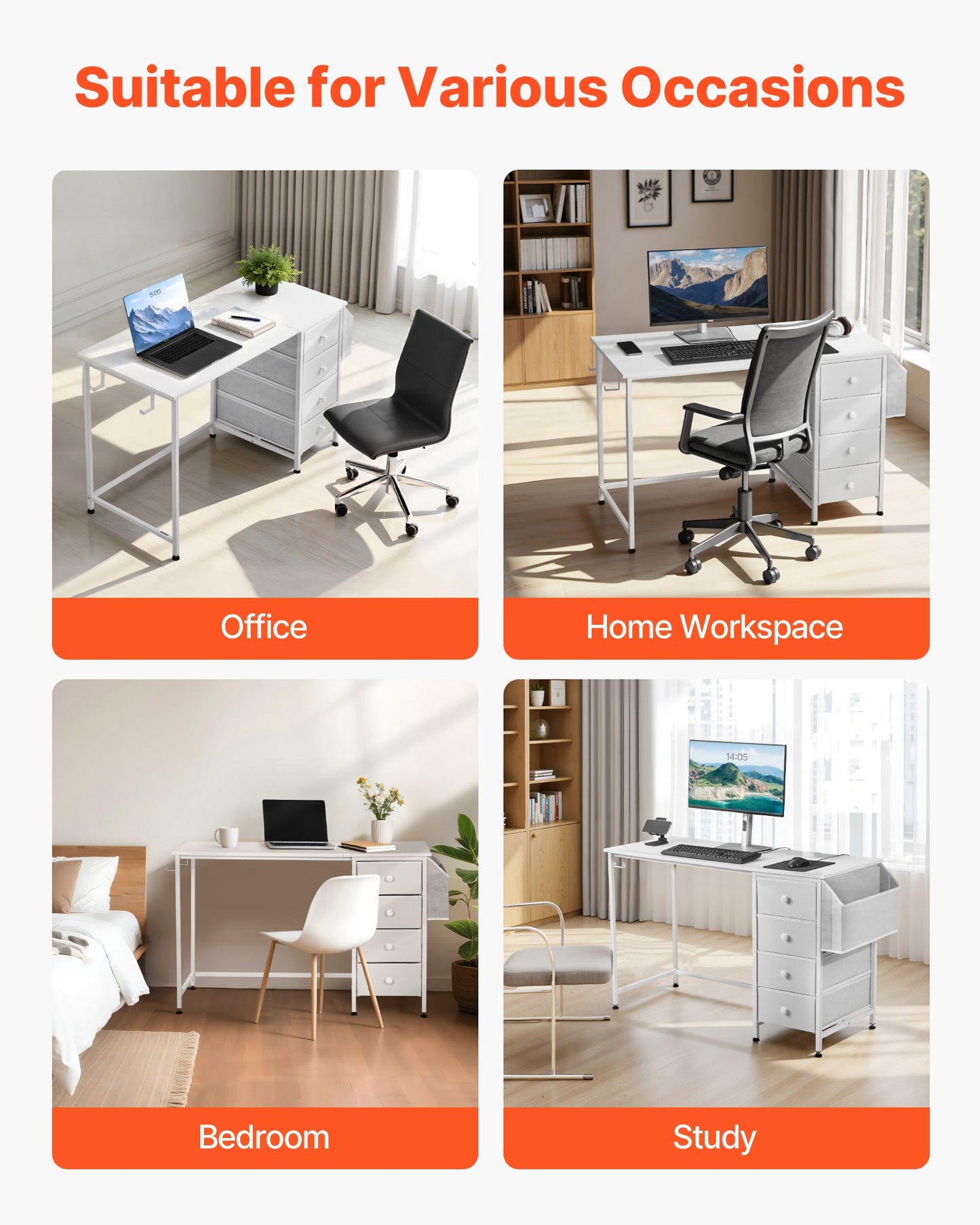 Computer Desk with Fabric Drawers, 47 Inch Reversible Study Work Writing Desk for Modern Home Office Bedroom, Simple Modern Cute PC Table Metal Frame Business Furniture, White