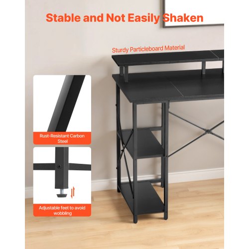 120 cm datorskrivbord med smarta LED-lampor och eluttag, vändbart spelskrivbord med skärmstativ och förvaringshyllor i två nivåer, studiematerial för hemmakontor, svart | EU