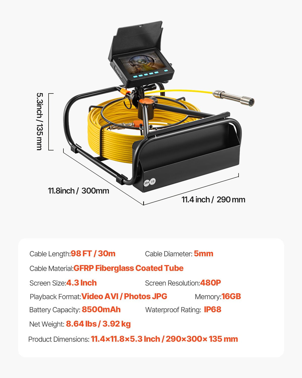Sewer Camera 30M Cable Pipeline Inspection Camera 11cm TFT LCD Monitor Pipe Camera Screen Waterproof IP68 Duct Inspection Camera with 6PCS LEDs 8500MAH Lithium Battery, DVR Function, 30M