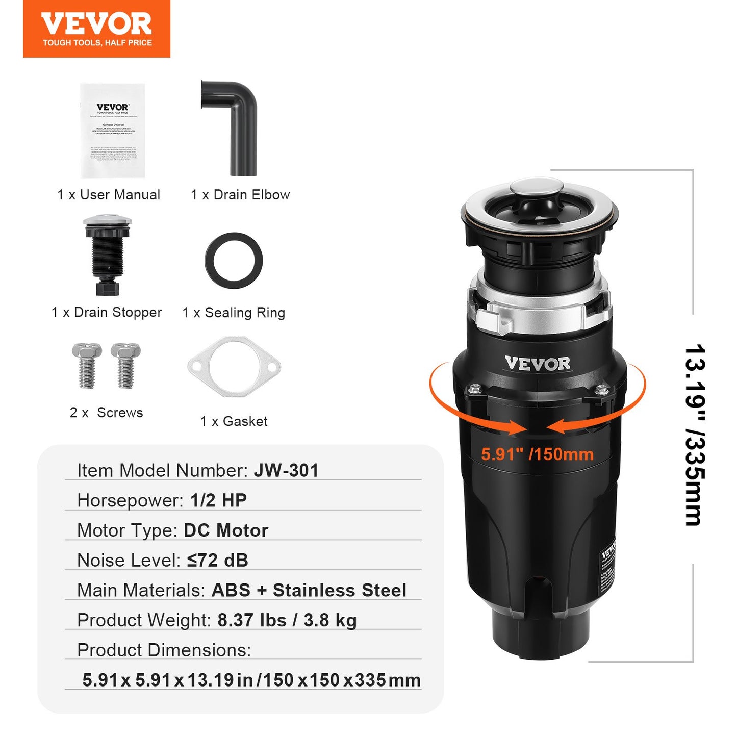 Garbage Disposal, 1/2HP 3450RPM Continuous Feed Food Waste Disposer, EZ Connect Food Waste Grinding System with Power Cord & Splash Guard for Kitchen Sinks