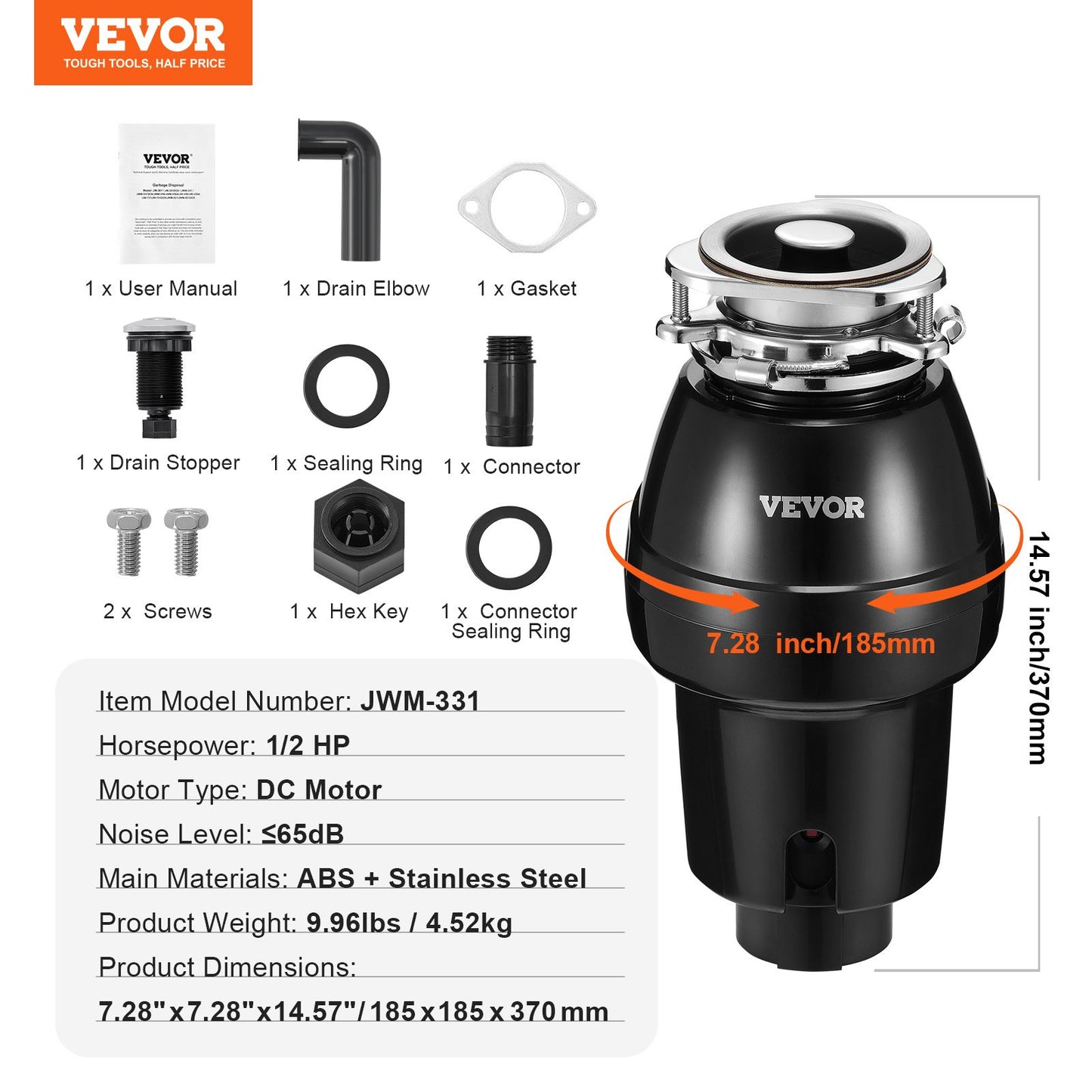 Garbage Disposal, 1/2 HP 3450RPM Continuous Feed Food Waste Disposer, 3-Bolt Mount Food Waste Grinding System with Sound Reduction, Power Cord & Splash Guard for Kitchen Sinks
