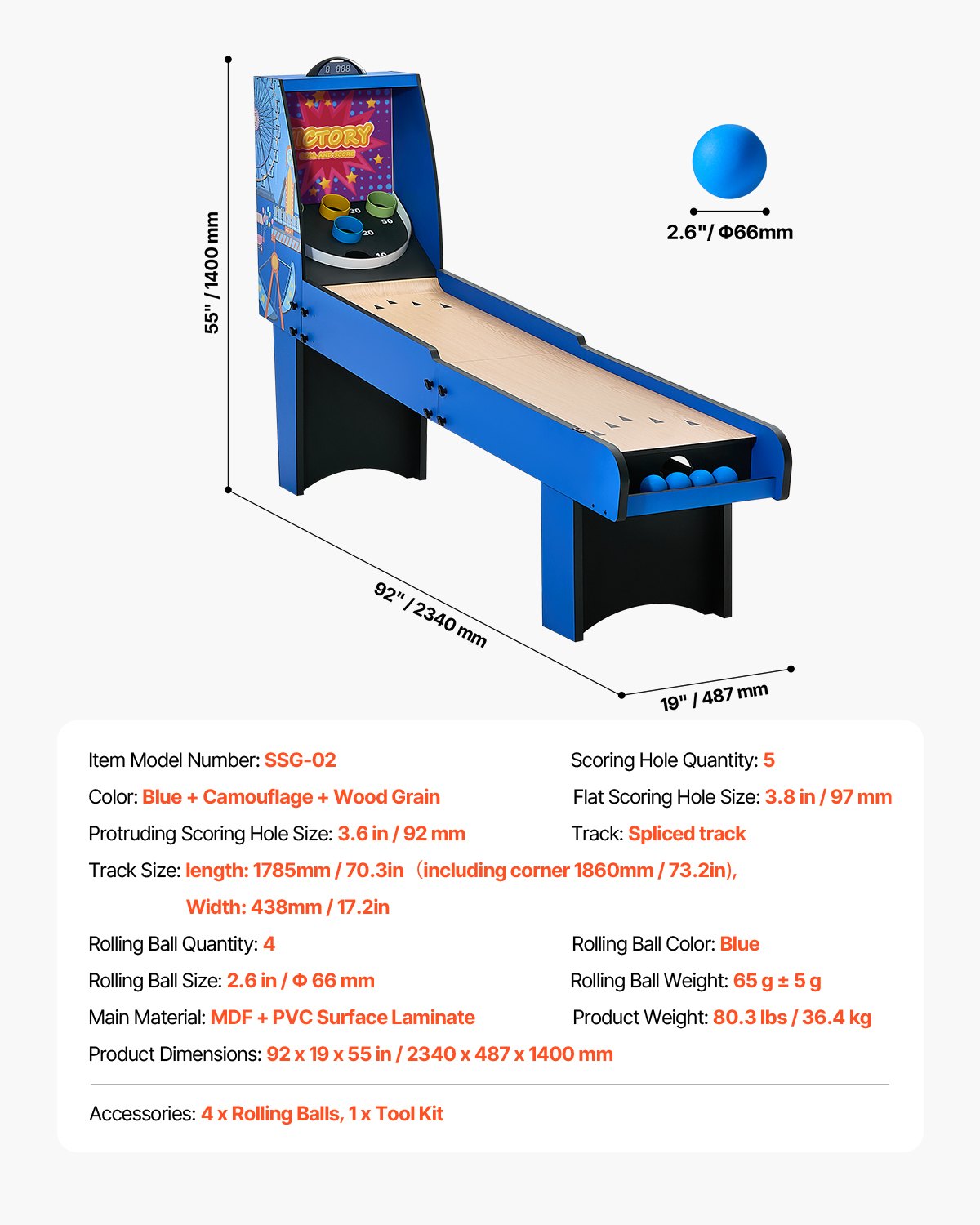 8' Roll and Score Classic Arcade Game Table, Arcade Machine Indoor with Electronic Scorer, Sound, Automatic Ball Return for Adults Kids Family Recreation Game Room, 4 Balls Included