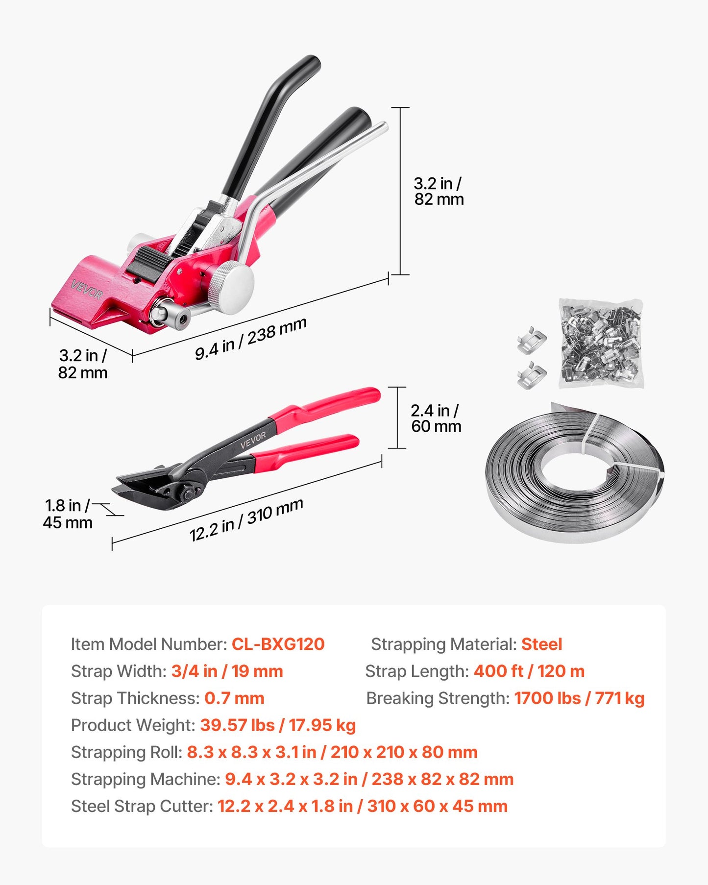 Steel Banding Strapping Kit, Heavy Duty Banding Sealer Tool with 400 ft Binding Straps, 400 Metal Clasps, Manual Pallet Packaging Strapping Kit for Warehouse, Transportation, Industrial Bundling