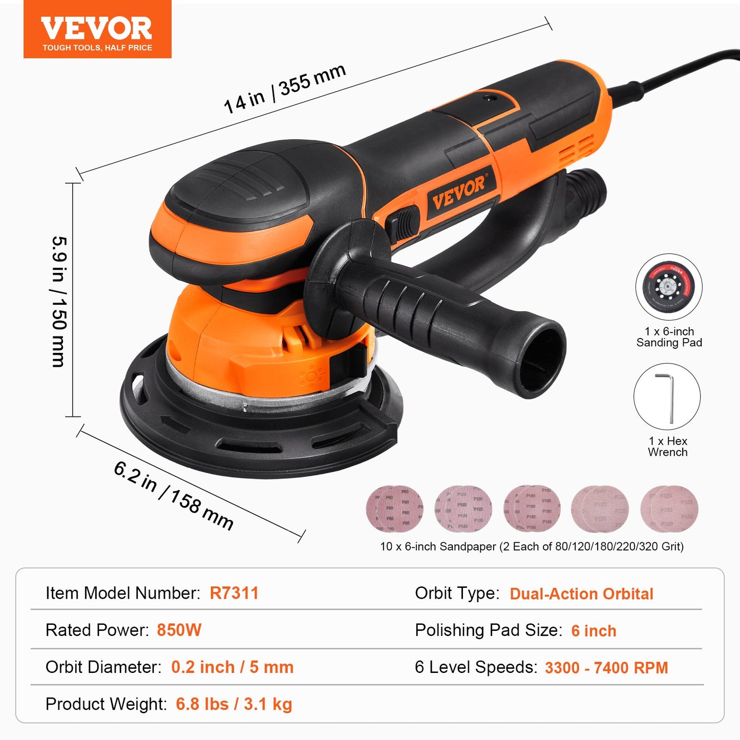 Random Orbital Sander, 6-Inch DA & GA Dual Action Orbital Sander, 850W 7400PRM 6 Variable Speed Electric Palm Sander with 10PCS Sandpapers, Dust Connector for Woodworking Detailing Sanding