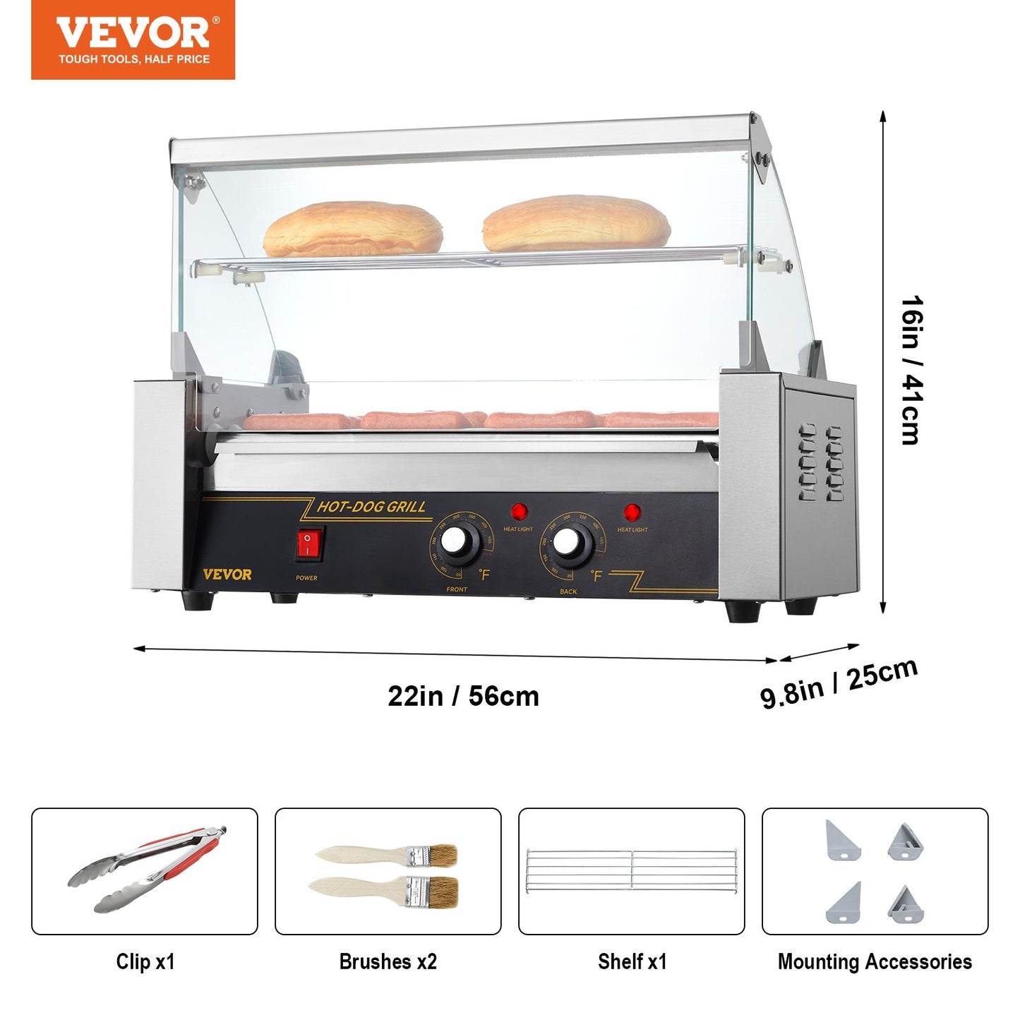 Hot Dog Roller 5 Rollers 12 Hot Dogs Capacity, 750W Stainless Sausage Grill Cooker Machine with Dual Temp Control Glass Hood Acrylic Cover Bun Warmer Shelf Removable Oil Drip Tray ETL Certified