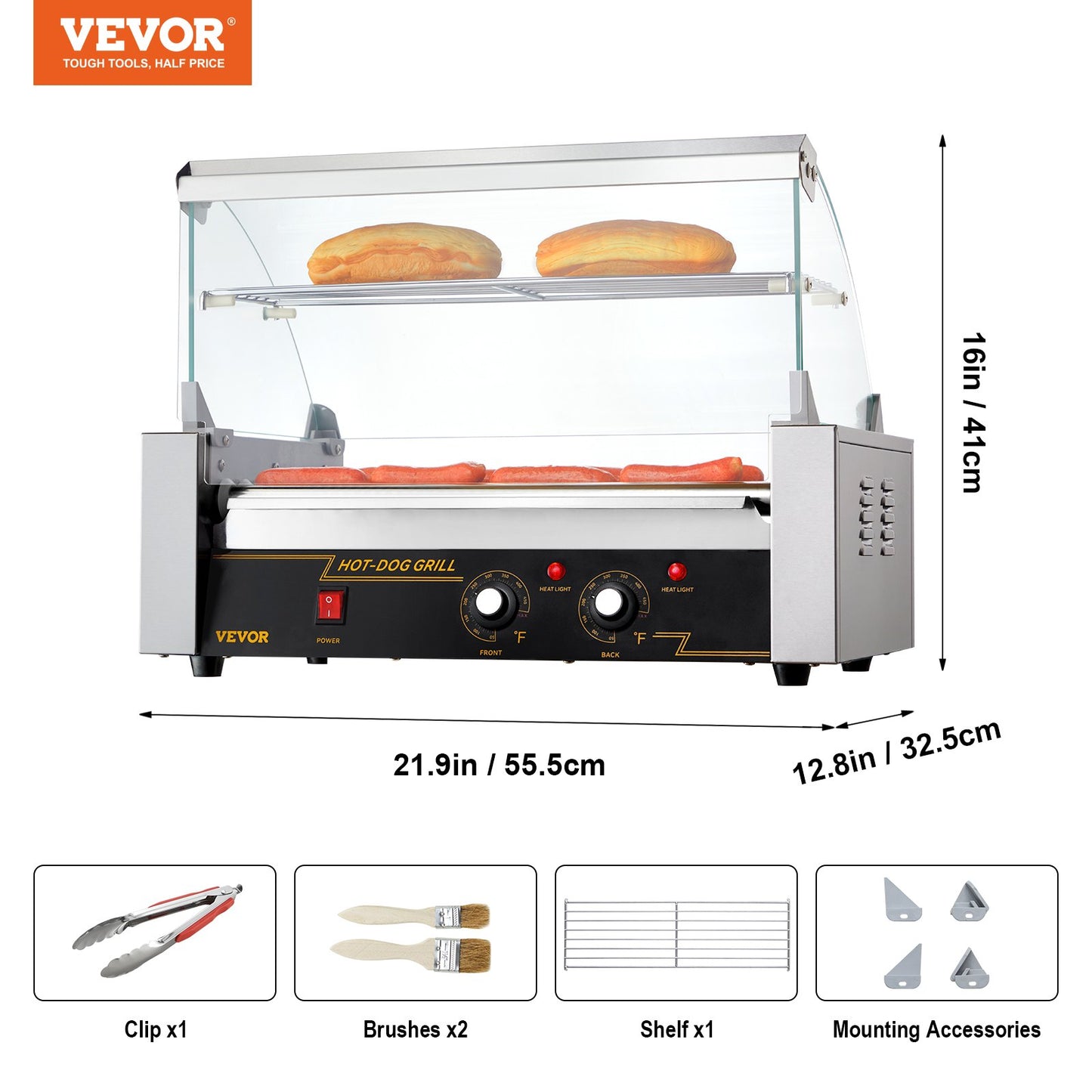 Hot Dog Roller 7 Rollers 18 Hot Dogs Capacity 1050W Stainless Sausage Grill Cooker Machine with Dual Temp Control Glass Hood Acrylic Cover Bun Warmer Shelf Removable Oil Drip Tray, ETL Certified