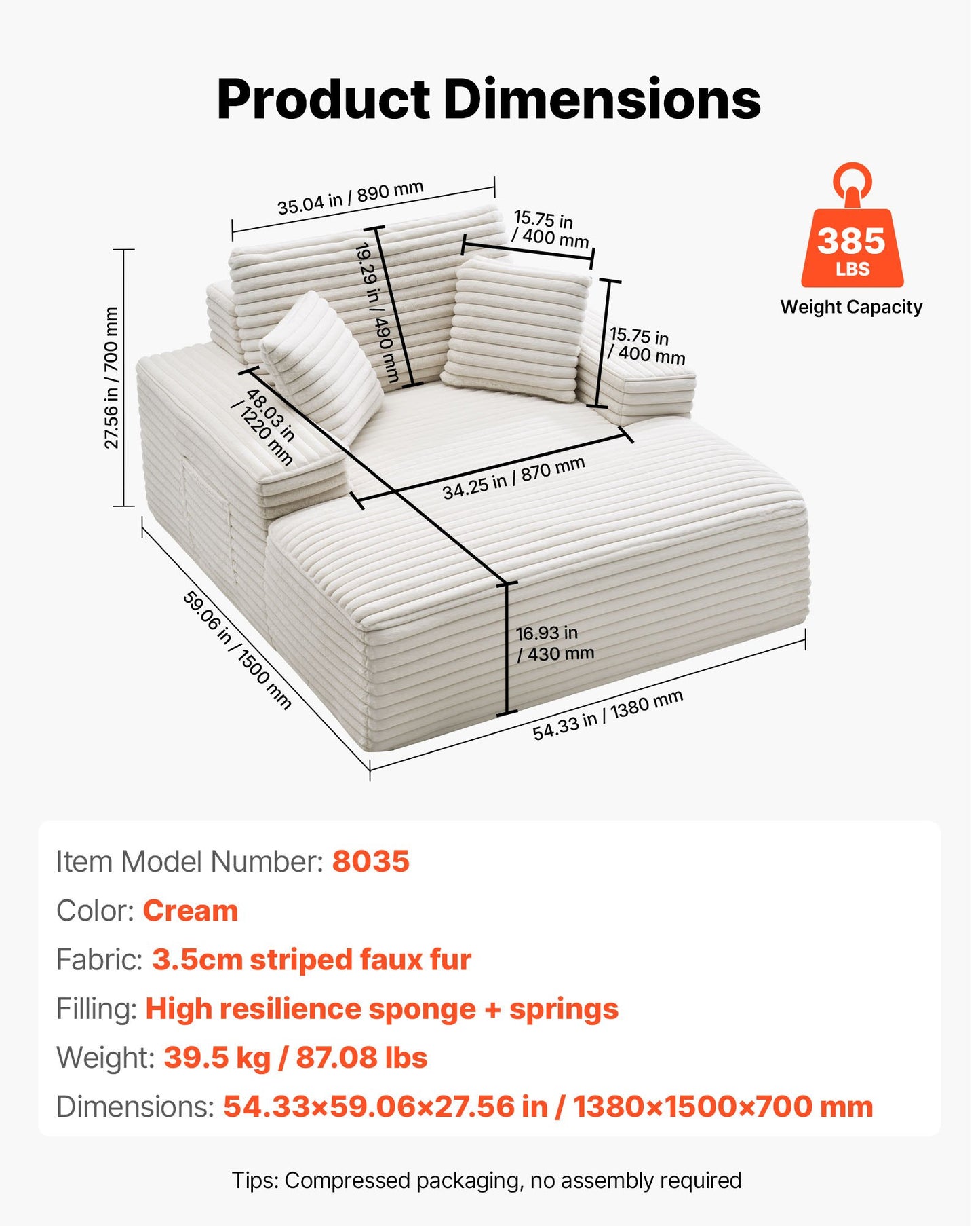 Chaise Lounge Chair, 54 in Boneless Chaise Lounge Indoor, Modern Upholstered Oversized Reading Chair with Throw Pillows & Armrests, Sofa Couch Deep Seat Sleeper for Living Room, Bedroom, Beige