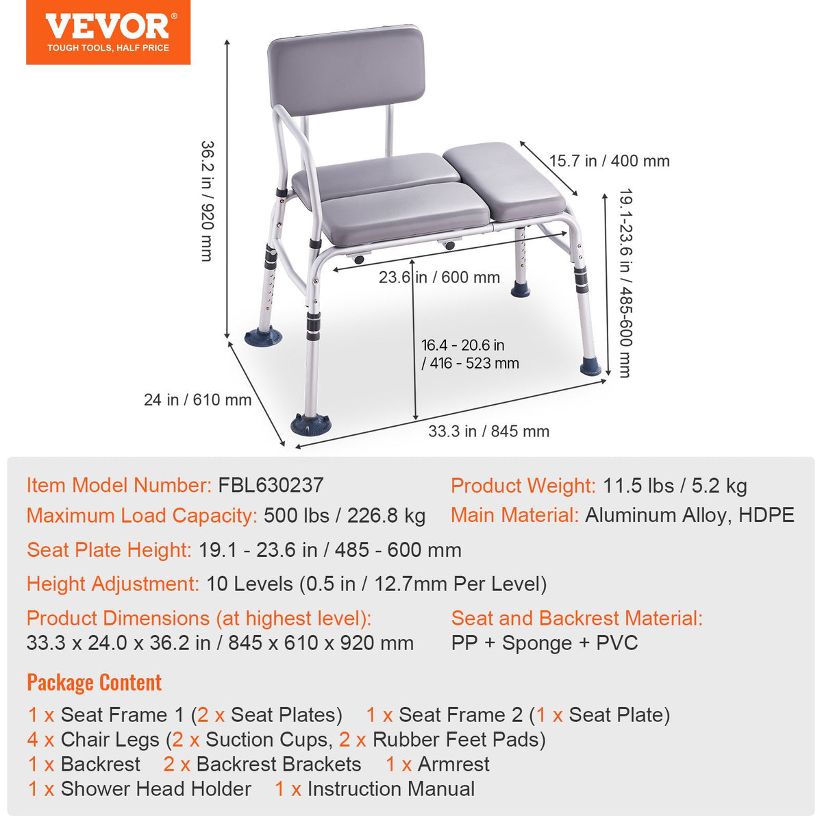 Tub Transfer Bench for Bathtub 500lbs, Shower Seats for Adults, Lightweight Shower Bench for Elderly and Disabled with Padded Seat, Non-Slip Bath Seats with Armrest and Reversible Backrest