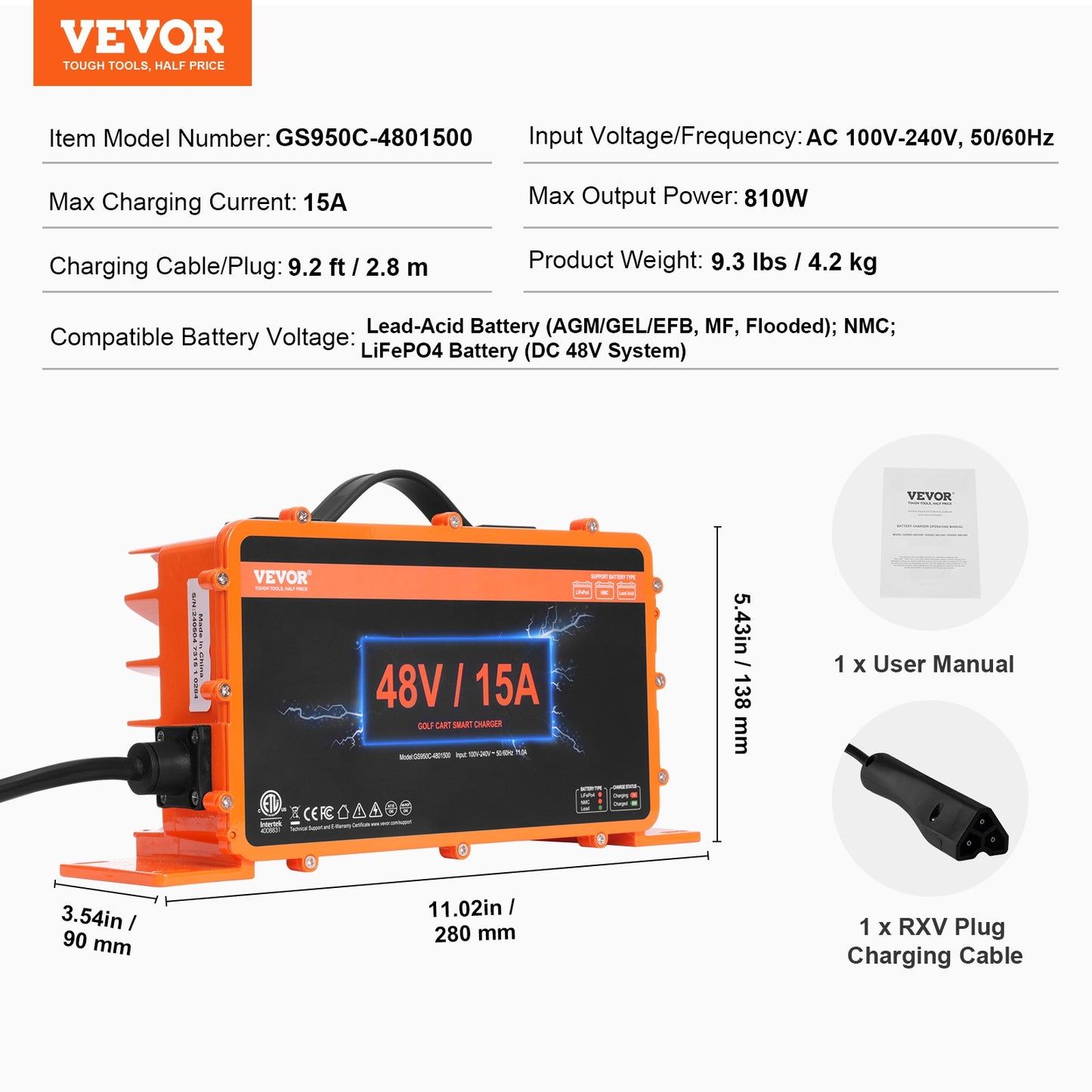 48 Volt Golf Cart Battery Charger, 15 AMP, Smart Battery Charger with RXV Plug, Compatible with Lead-Acid AGM/GEL/EFB MF Flooded NMC LiFePO4 Batteries for EZGO TXT, IP67 Waterproof ETL Certified