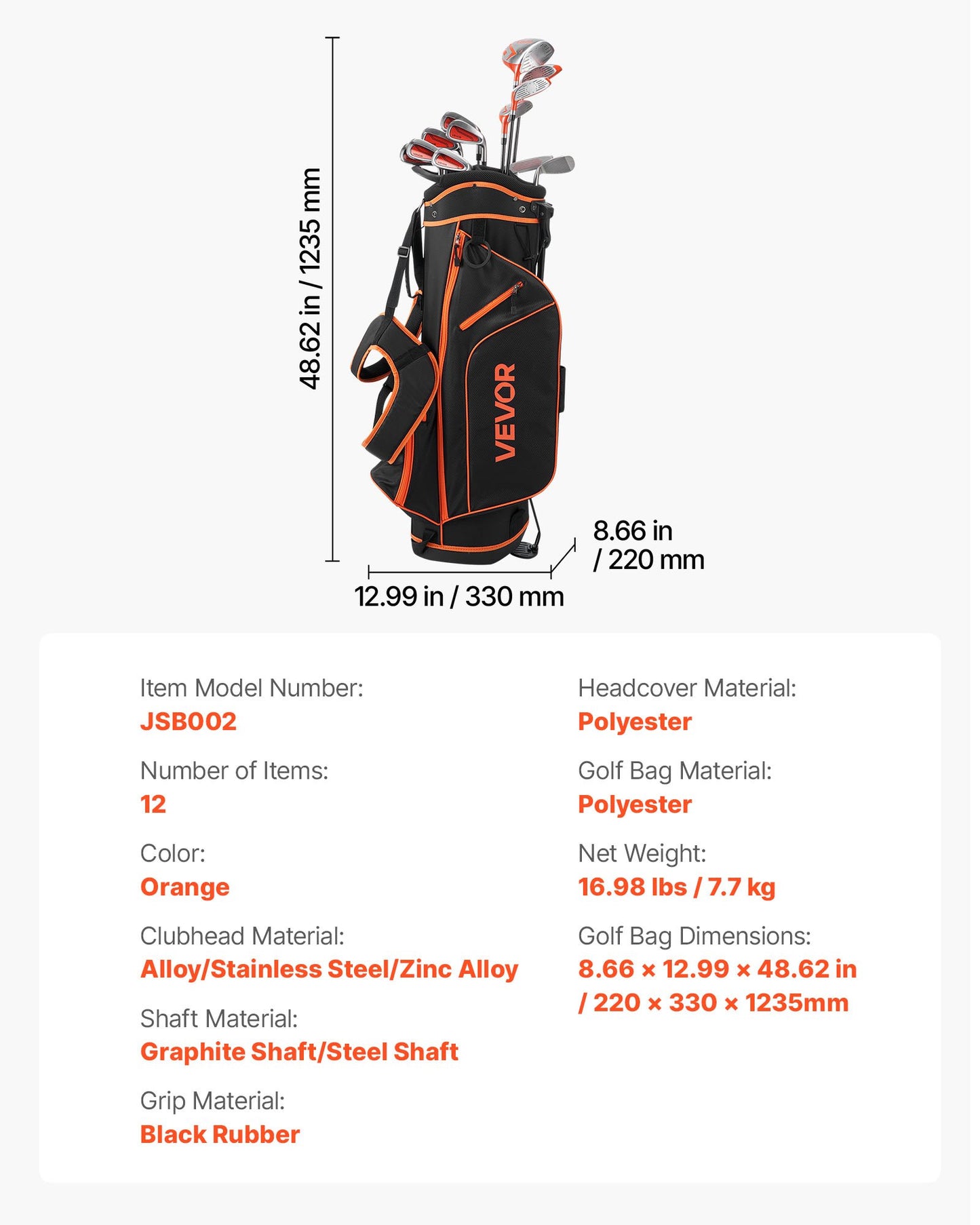 Golf Club Set, 12 Pieces Women's Golf Club Complete Set Right Handed with 460CC #1 Driver, #3 & 5 Fairway Wood, #4 Hybrid, #5/#6/#7/#8/#9/#PW/#SW Irons, L-Shaped Putter, Golf Stand Bag, Orange