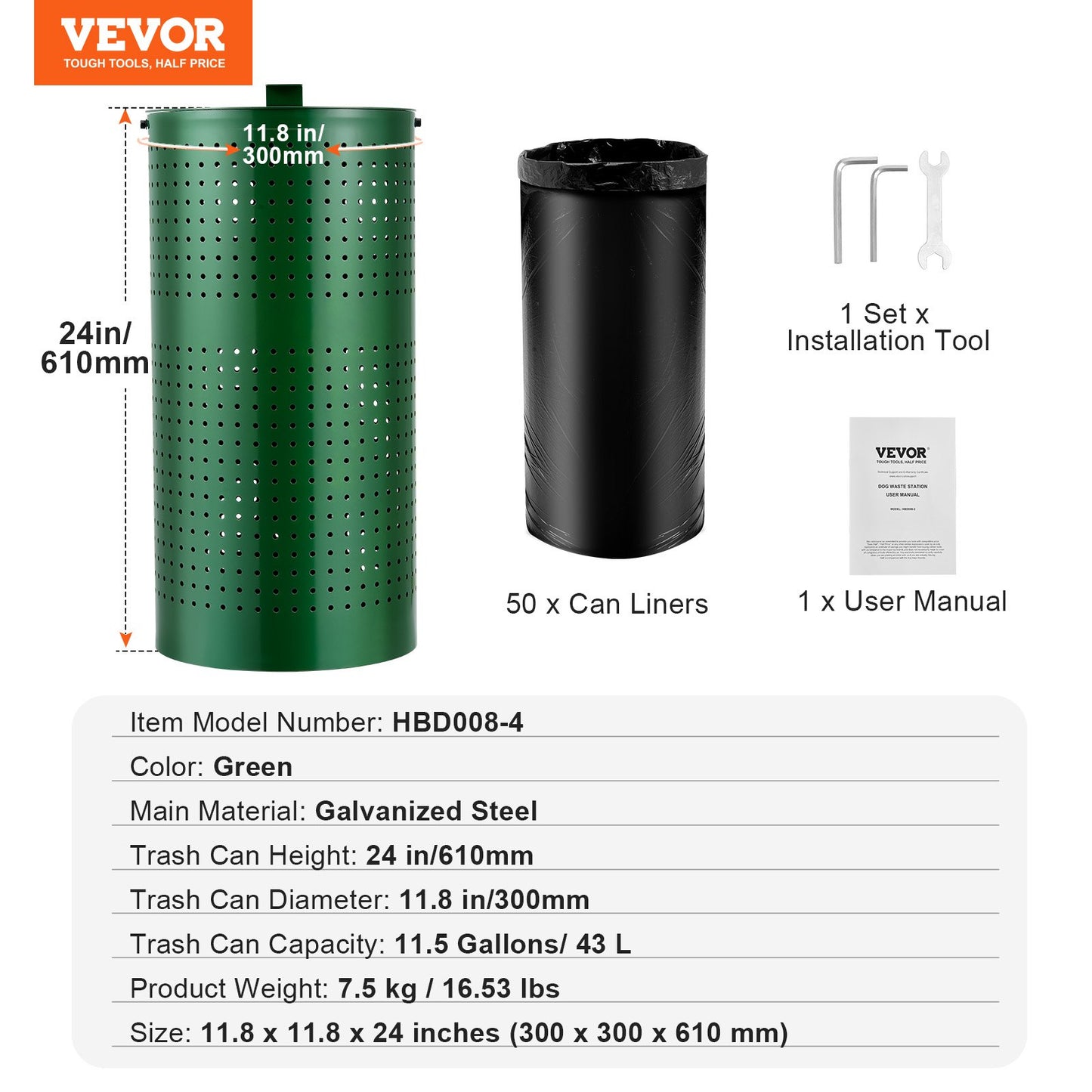 Dog Poop Trash Can with 50 Liner Bags, 11.5 Gallons Outdoor Dog Waste Bin with Lid & Liner Clip for Pet Waste Station, Dog Waste Disposal Container for Garden Backyard Park