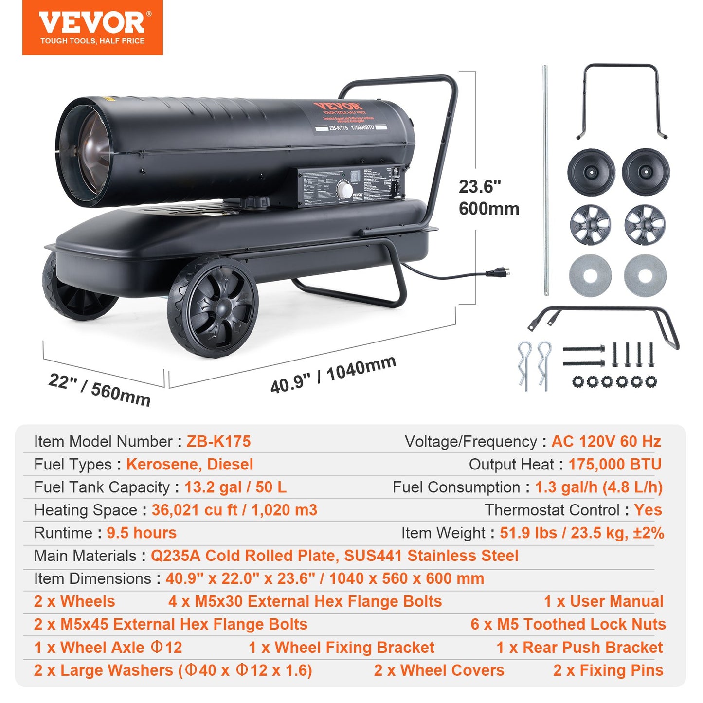Kerosene Forced Air Heater, 175000 BTU Portable Air Space Heater with Thermostat, 13.2 Gallon Tank Energy-Efficient heavy-duty Heater, for Indoor Outdoor Use Workshop Industry