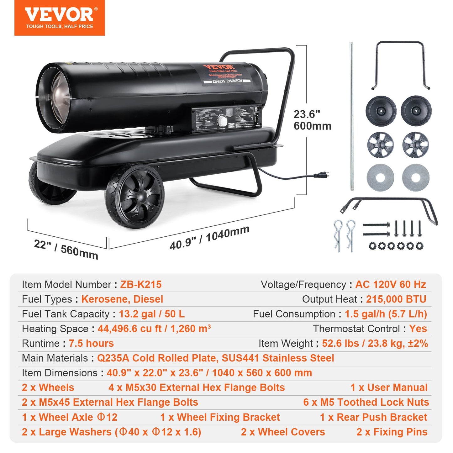 Kerosene Forced Air Heater, 215000 BTU Portable Torpedo Diesel Space Heater with Thermostat, 13.2 Gallon Tank Energy-Efficient heavy-duty Heater, for Indoor Outdoor Use Workshop Industry