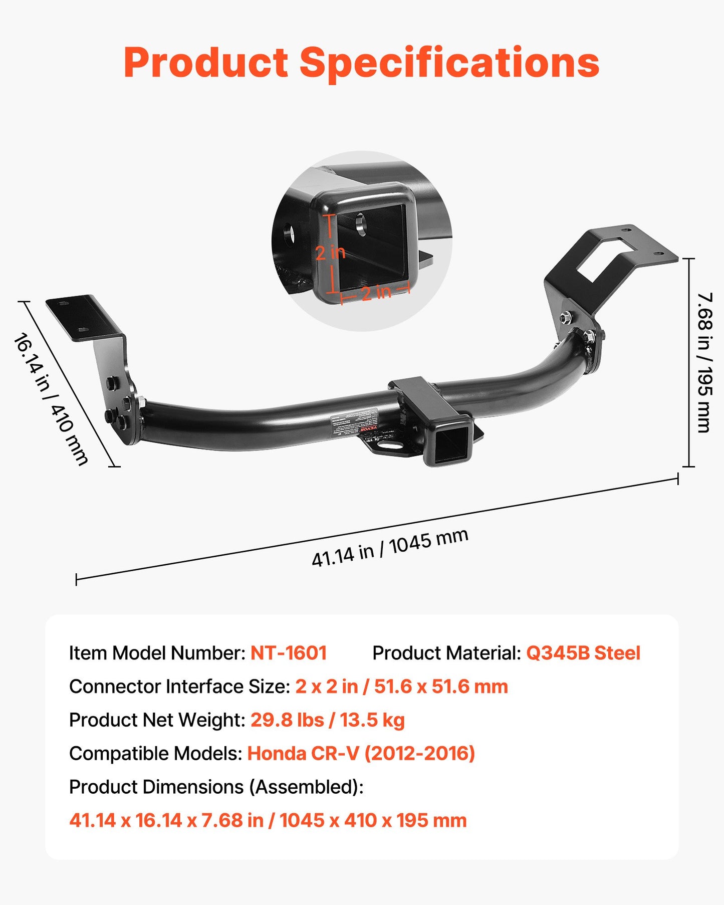 Class 3 Trailer Hitch, 2-Inch Receiver, 6000 lbs, Q345B Steel Tube Frame, Compatible with 2012-2016 Honda CR-V, Multi-Fit Hitch to Receive Ball Mount, Cargo Carrier, Bike Rack, Tow Hook, Black
