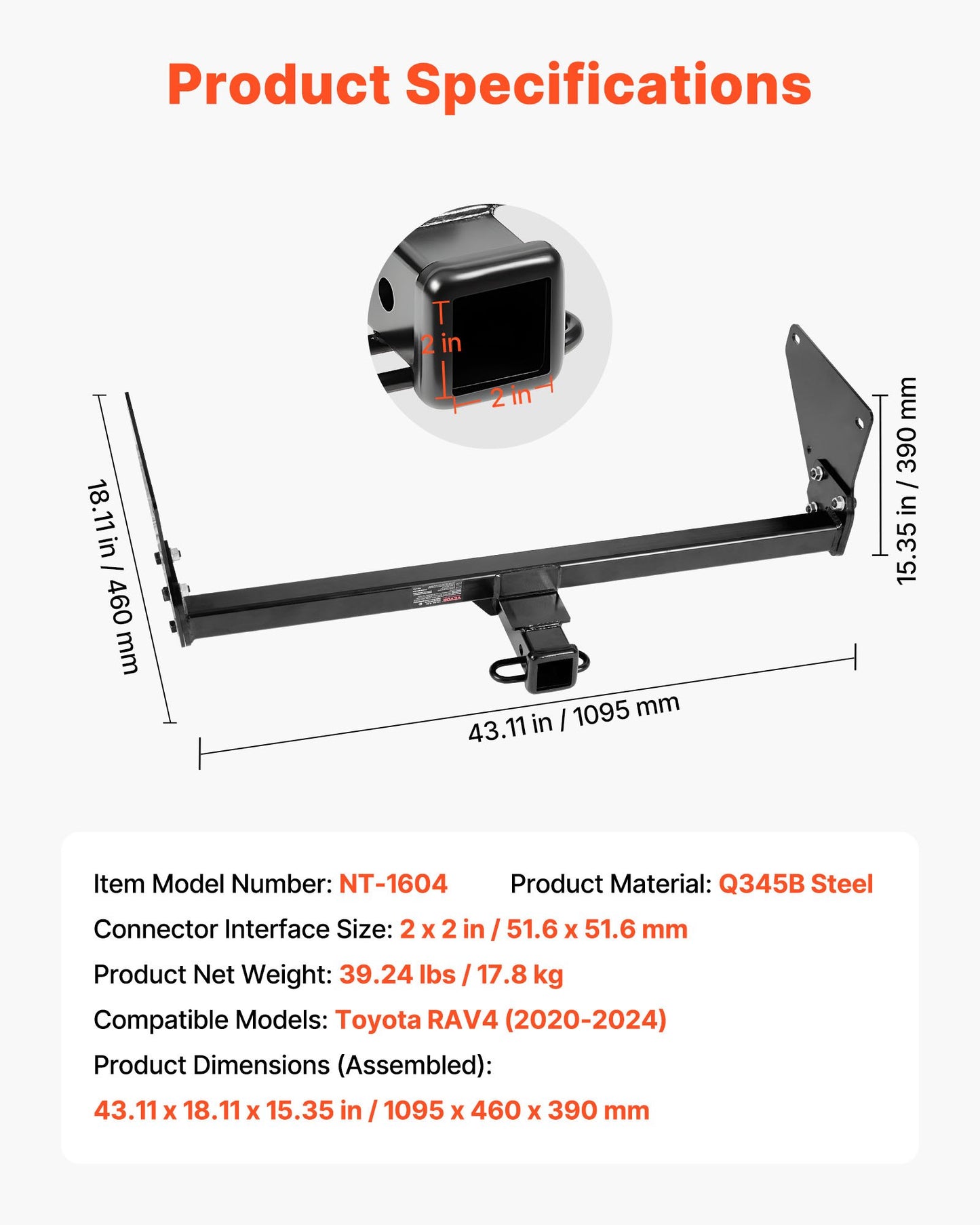 Class 3 Trailer Hitch, 2-Inch Receiver, 6000 lbs, Q345B Steel Tube Frame, Compatible with 2020-2024 Toyota RAV4, Multi-Fit Hitch to Receive Ball Mount, Cargo Carrier, Bike Rack, Tow Hook, Black