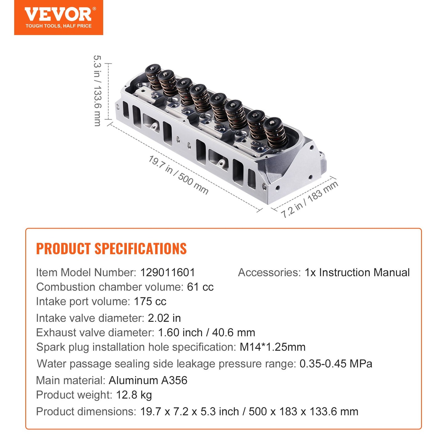 Engine Cylinder Head Assembly Replacement, Aluminum Engine Cylinder Head, Compatible with Small Block Ford Engines, SBF GT40/ 289 / 302/ 351W, FORD Mustang, GT40