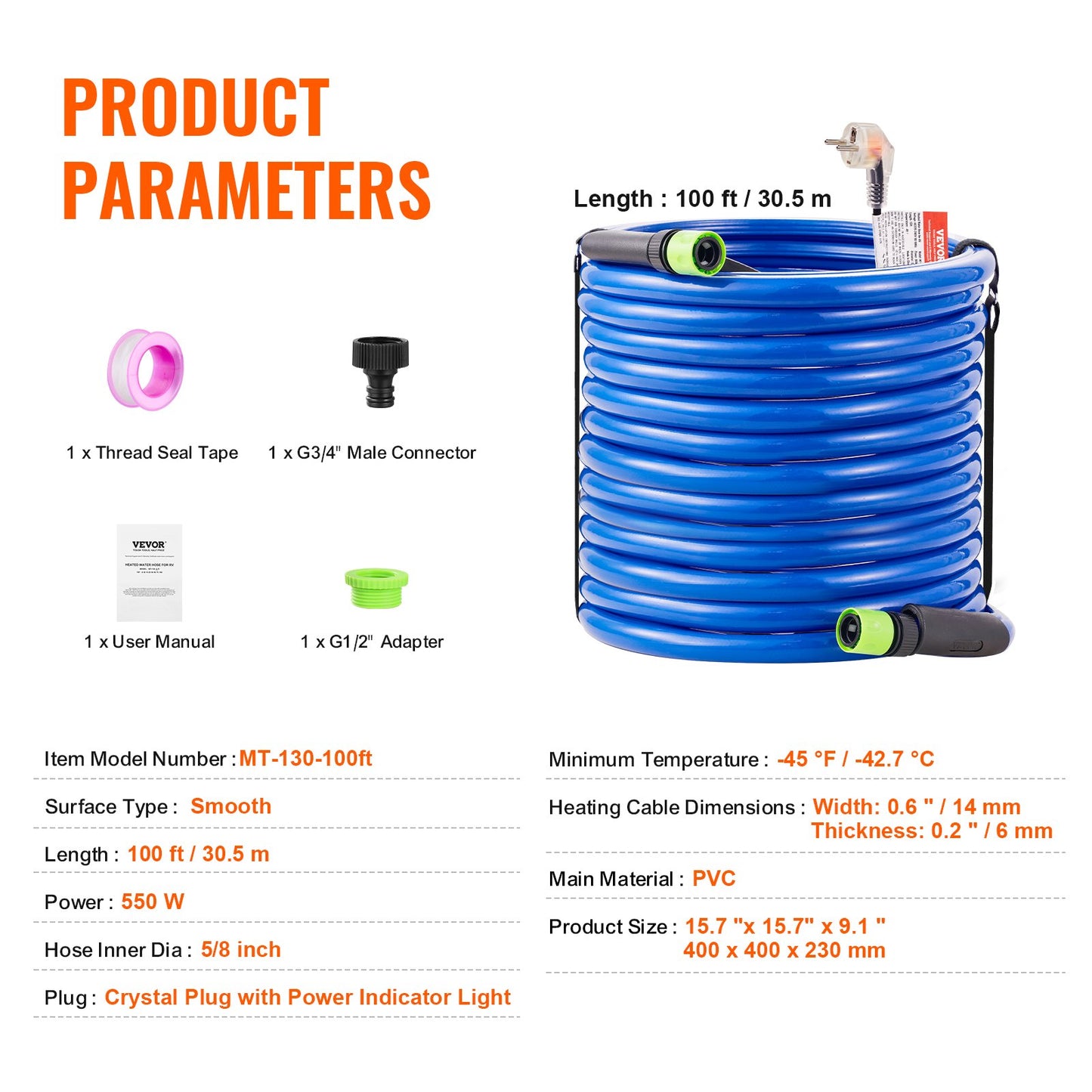 100ft Heated Water Hose for RV, Heated Drinking Water Hose Antifreeze to -45°F, Automatic Self-regulating, 5/8" I.D. with 3/4" GHT Adapter, Lead and BPA Free