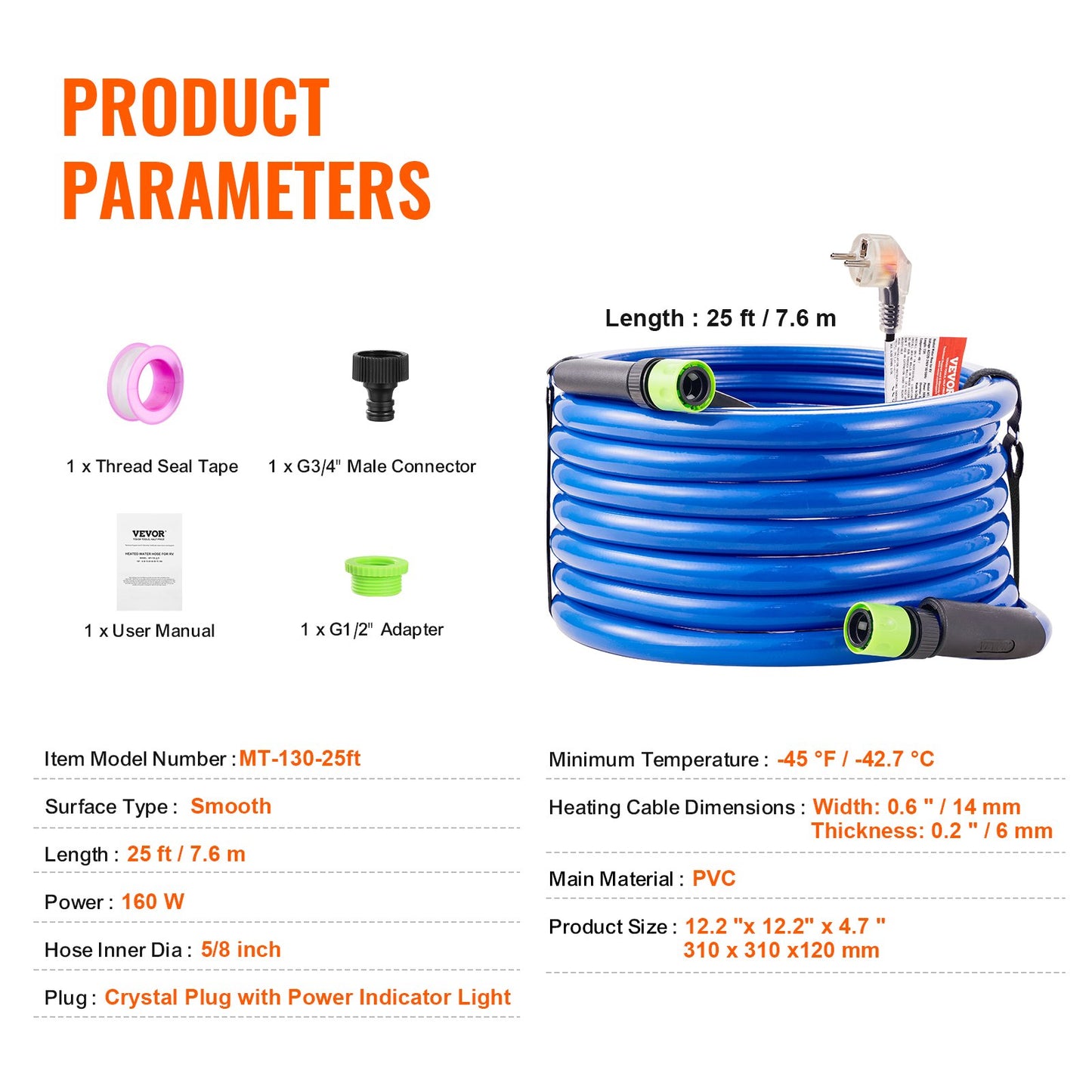 25ft Heated Water Hose for RV, Heated Drinking Water Hose Antifreeze to -45°F, Automatic Self-regulating, 5/8" I.D. with 3/4" GHT Adapter, Lead and BPA Free